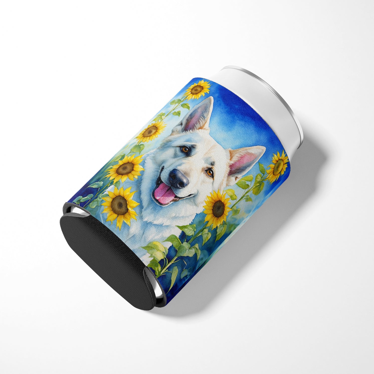 White German Shepherd in Sunflowers Can or Bottle Hugger