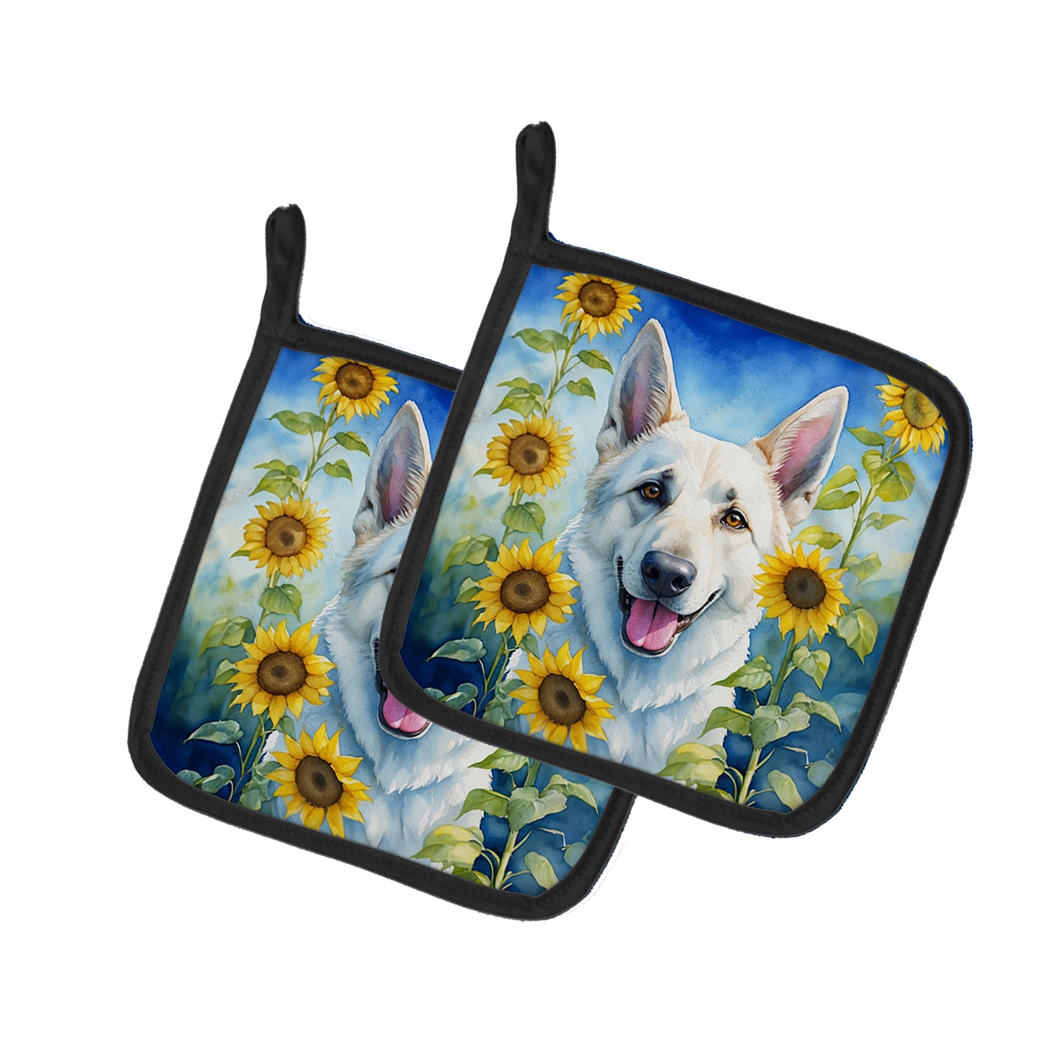 Buy this White German Shepherd in Sunflowers Pair of Pot Holders