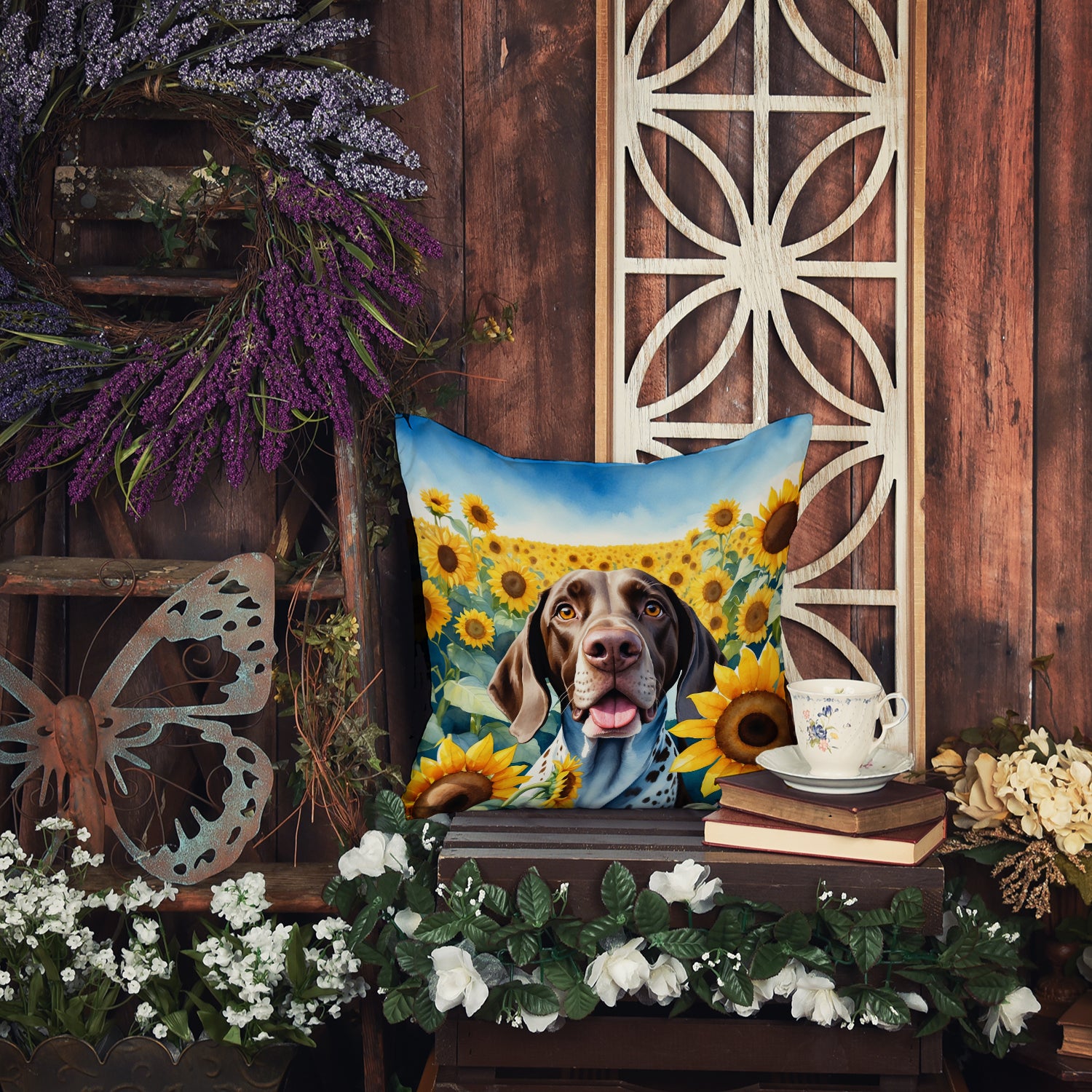 German Shorthaired Pointer in Sunflowers Throw Pillow