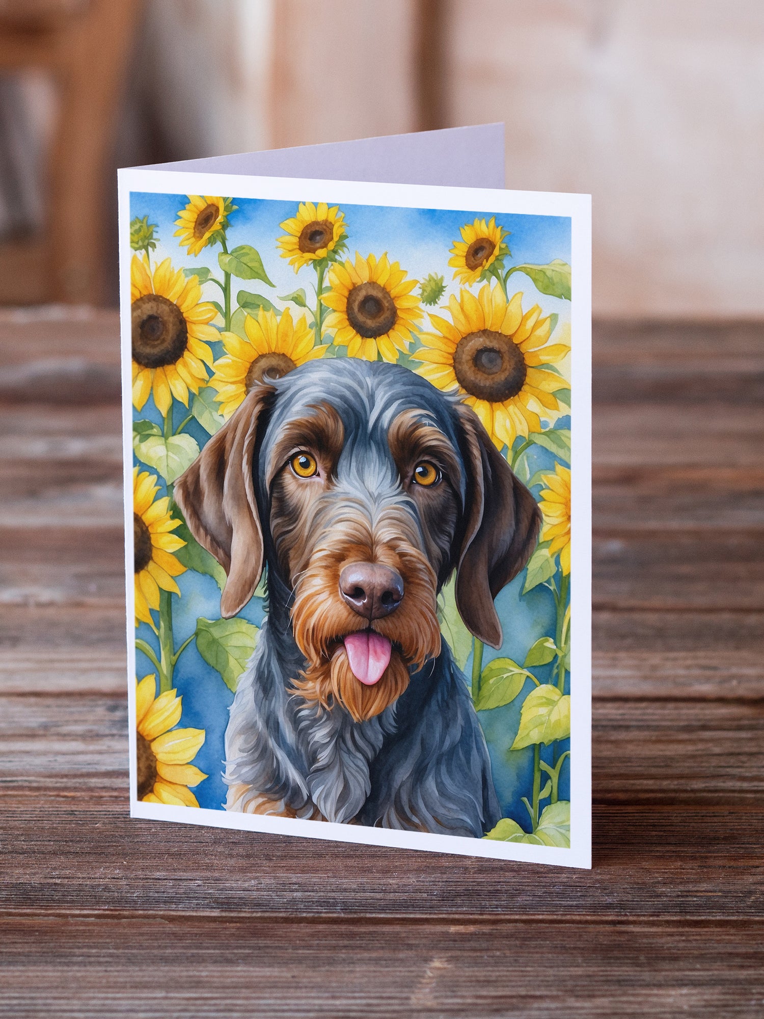 Buy this German Wirehaired Pointer in Sunflowers Greeting Cards Pack of 8