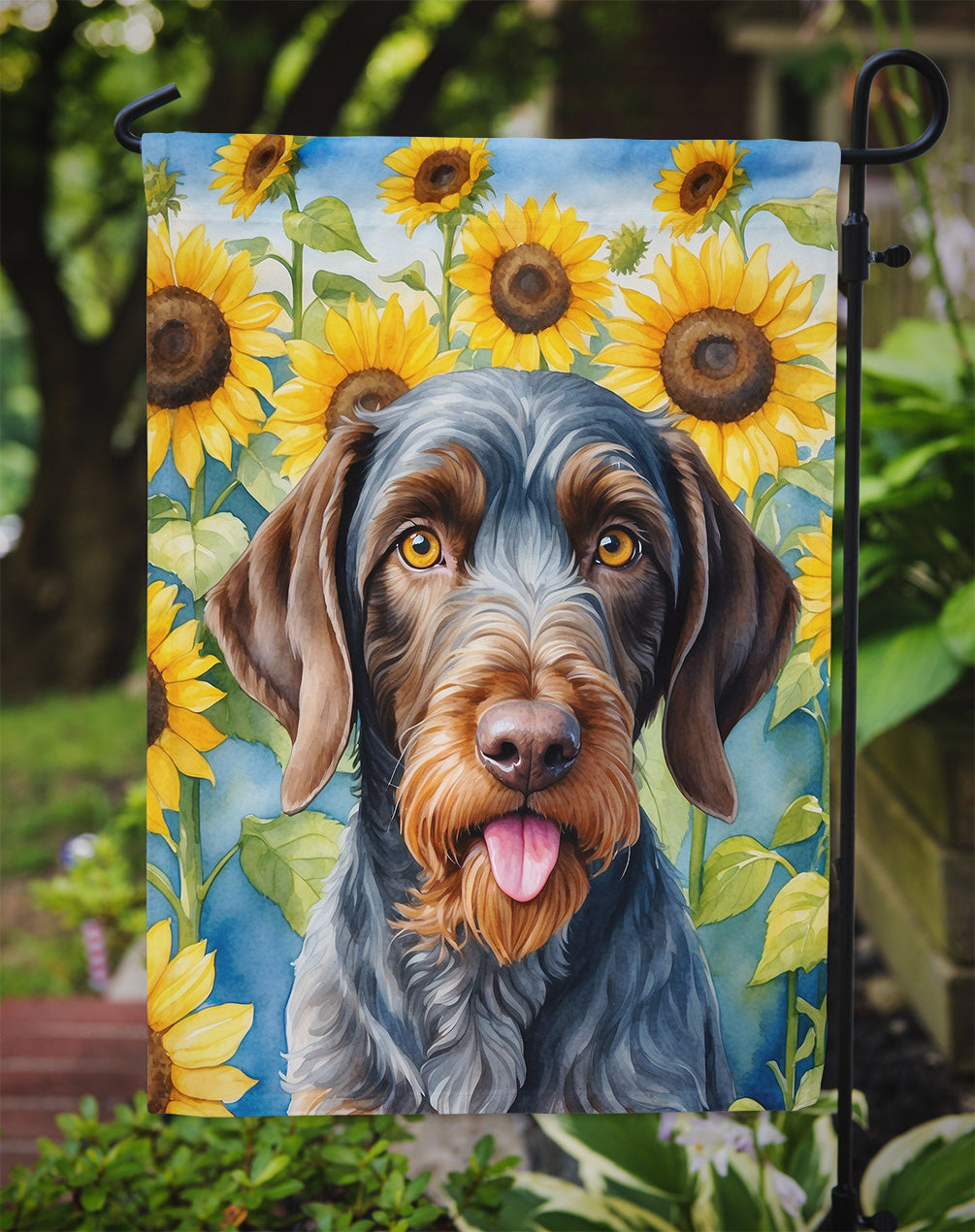 German Wirehaired Pointer in Sunflowers Garden Flag