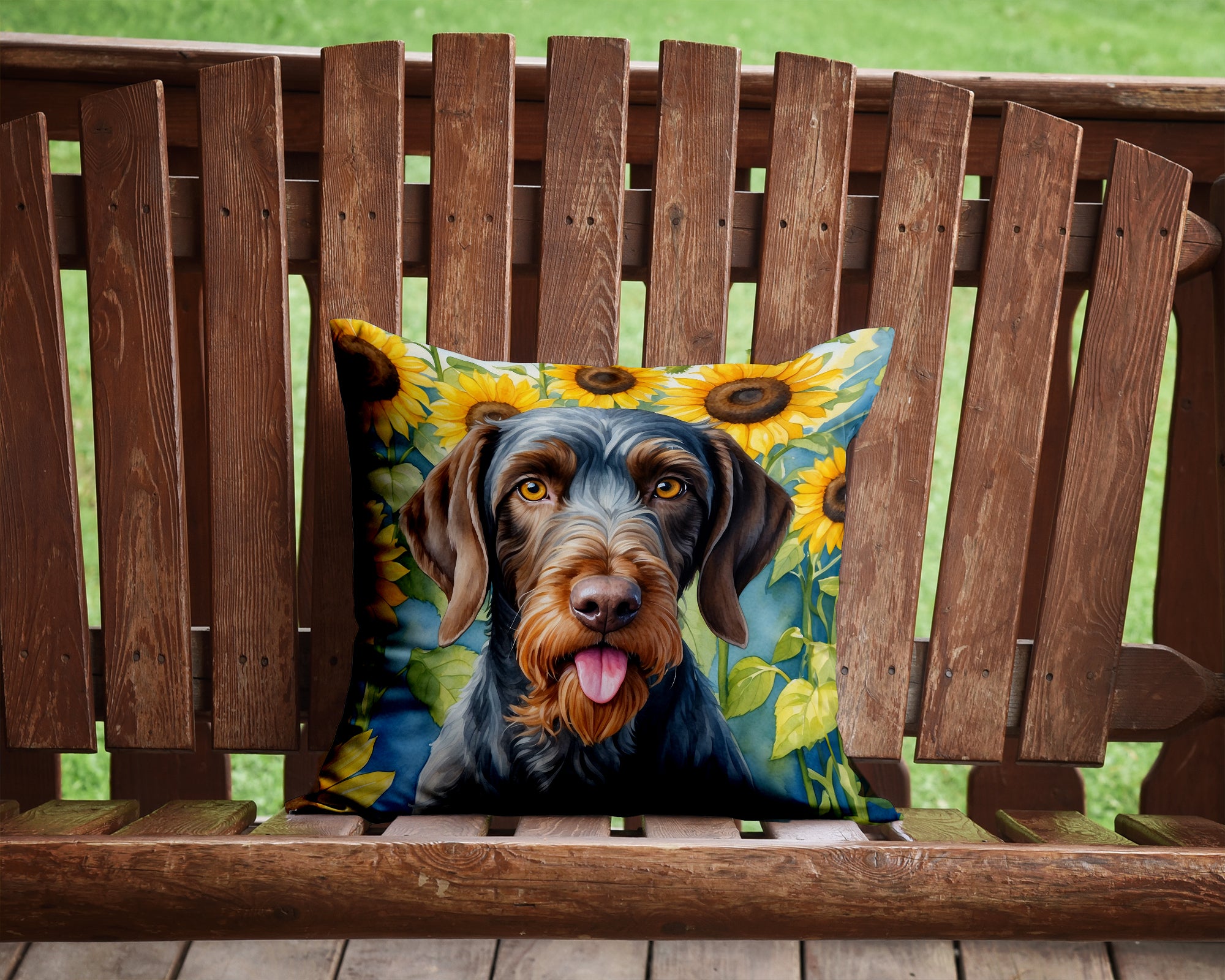 German Wirehaired Pointer in Sunflowers Throw Pillow