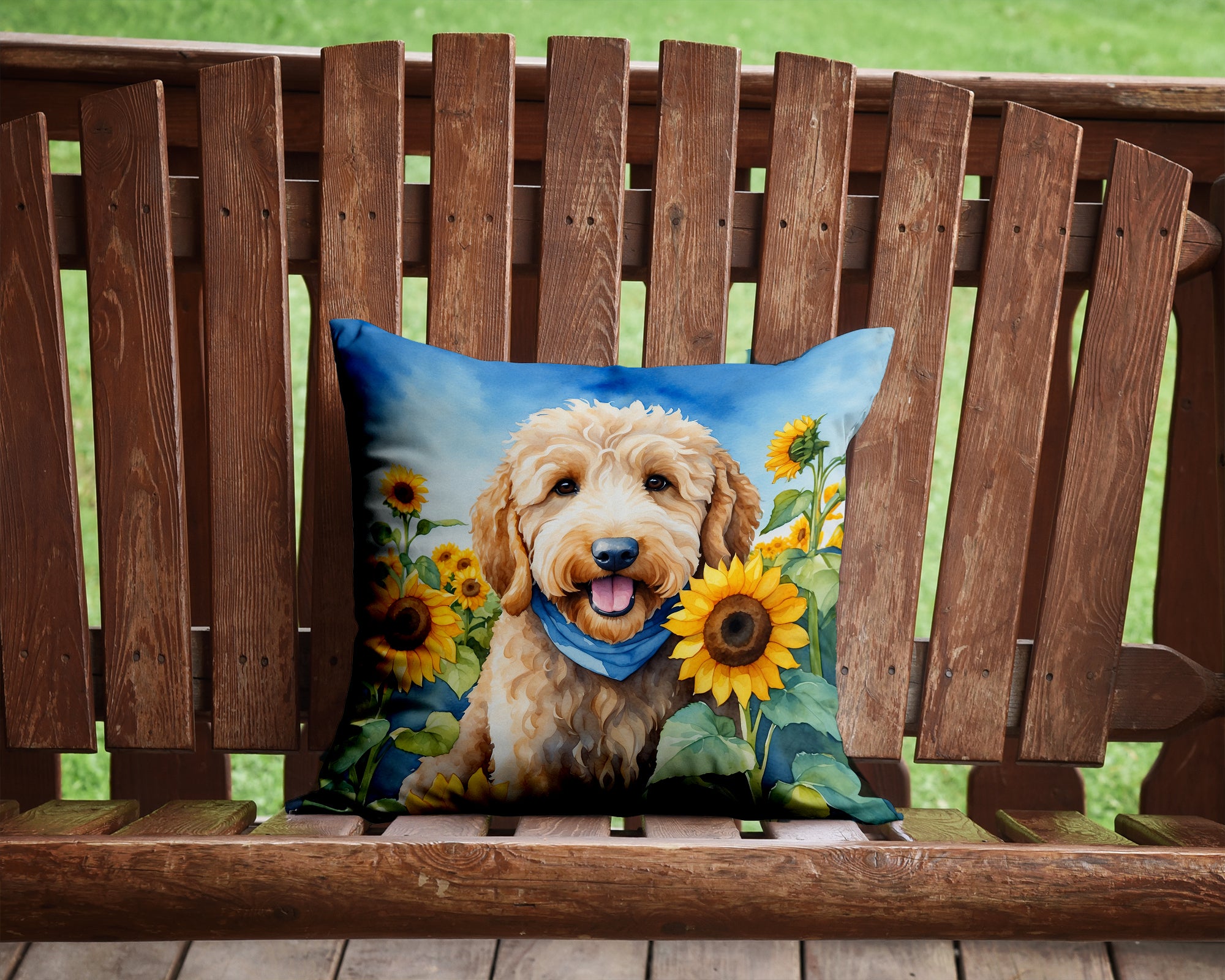 Buy this Goldendoodle in Sunflowers Throw Pillow