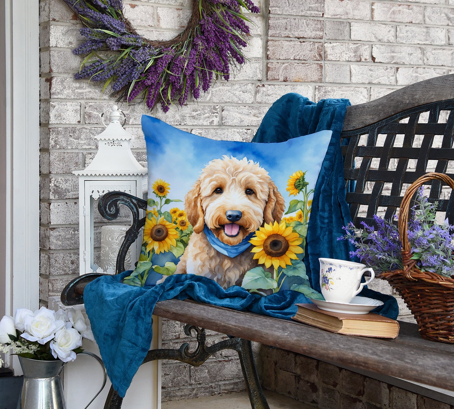 Goldendoodle in Sunflowers Throw Pillow