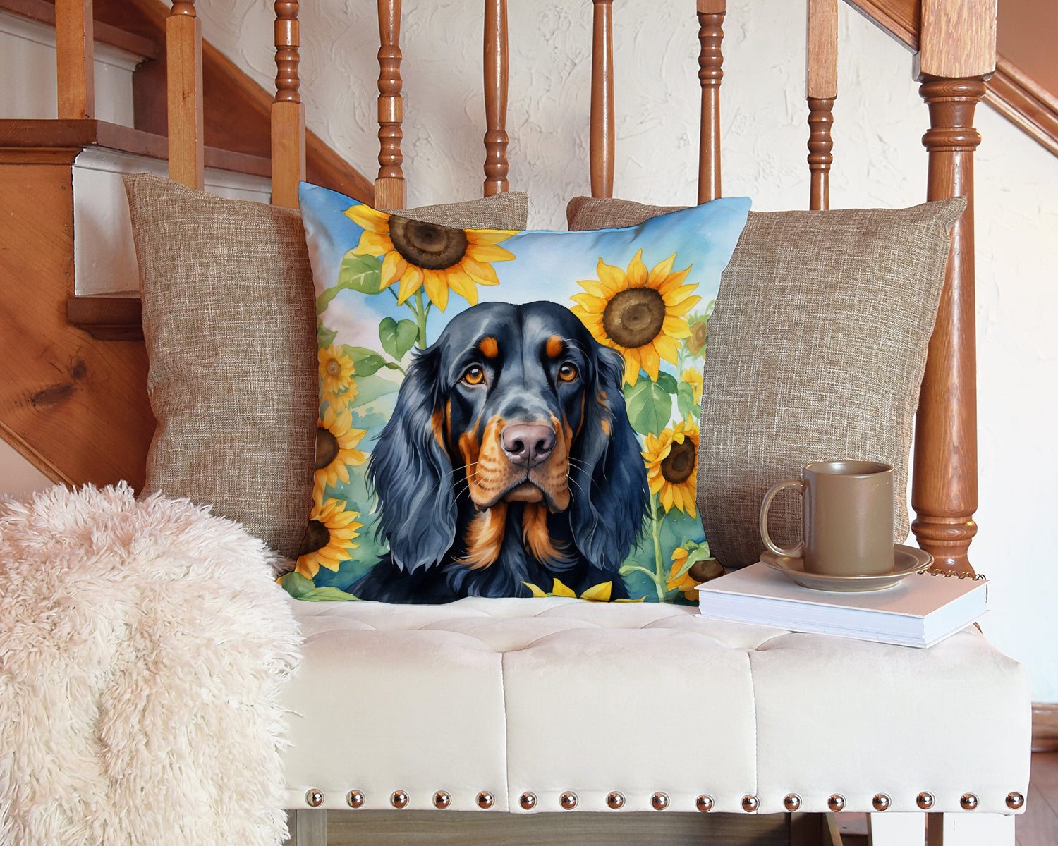 Gordon Setter in Sunflowers Throw Pillow