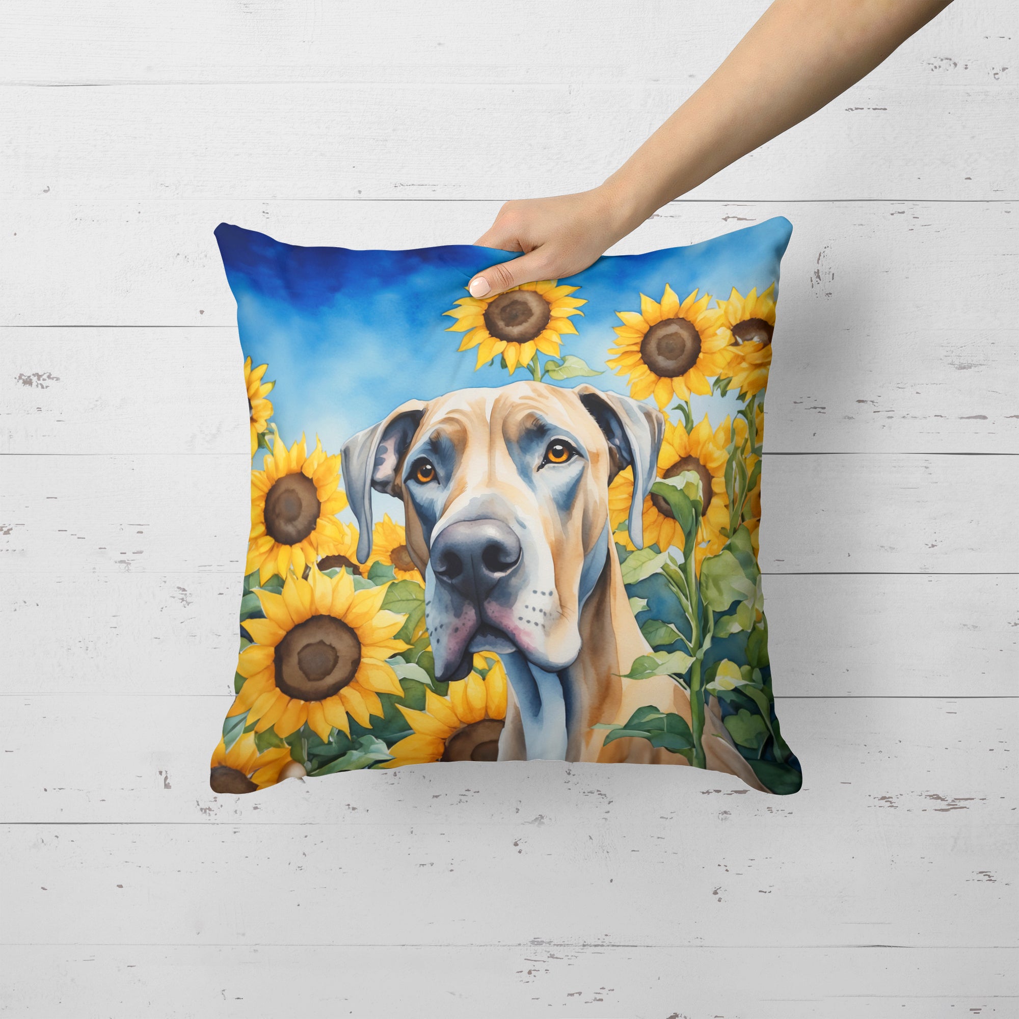 Great Dane in Sunflowers Throw Pillow