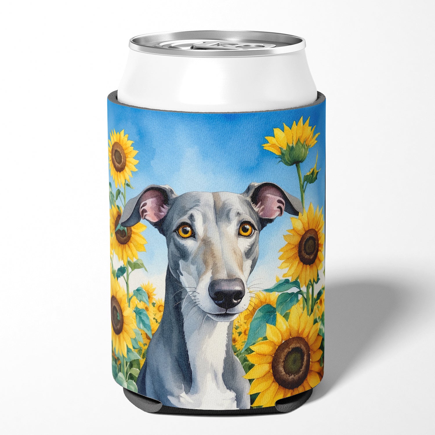 Buy this Greyhound in Sunflowers Can or Bottle Hugger