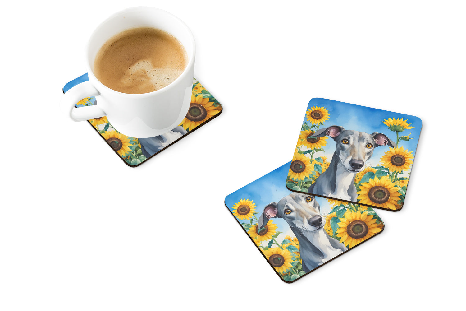 Buy this Greyhound in Sunflowers Foam Coasters