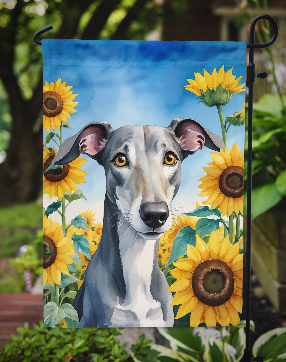 Greyhound in Sunflowers Garden Flag