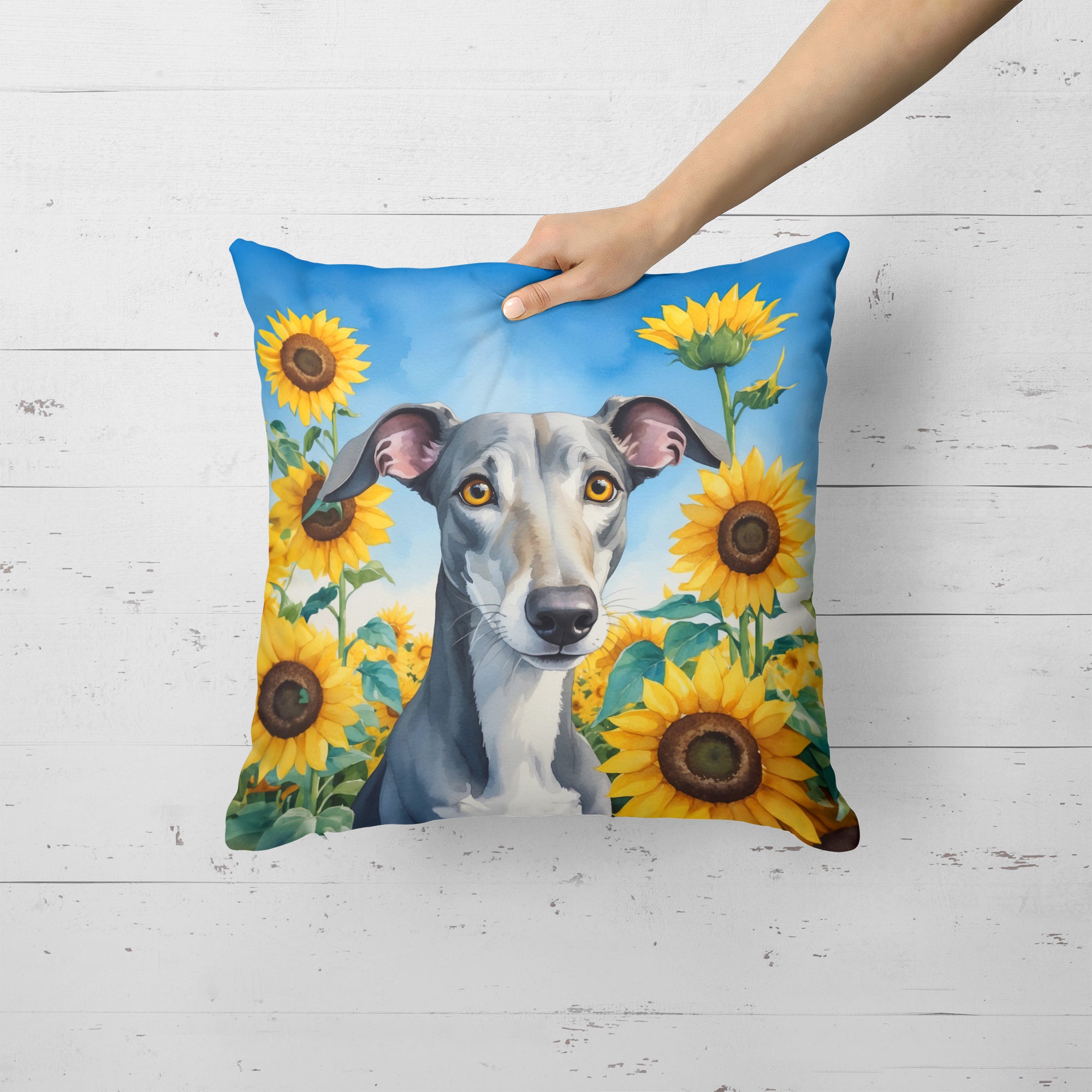 Buy this Greyhound in Sunflowers Throw Pillow