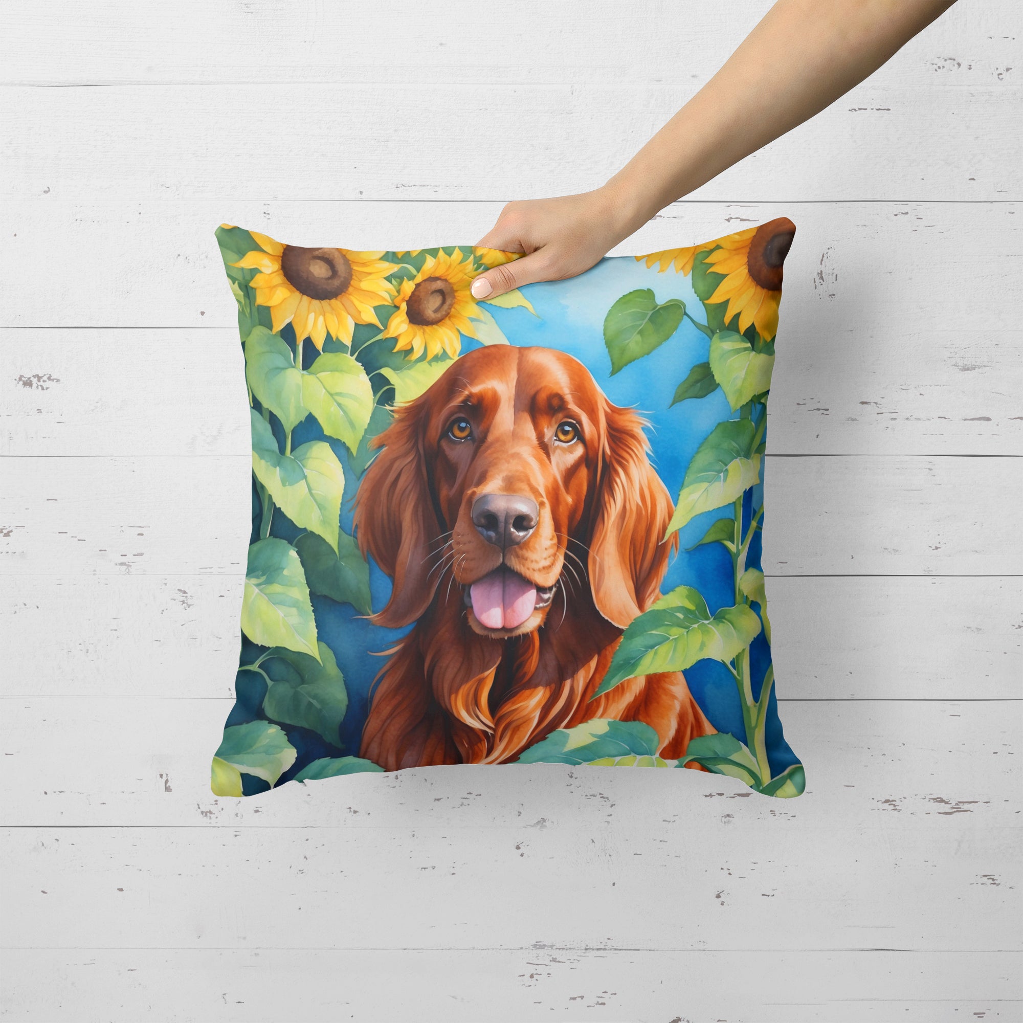 Irish Setter in Sunflowers Throw Pillow