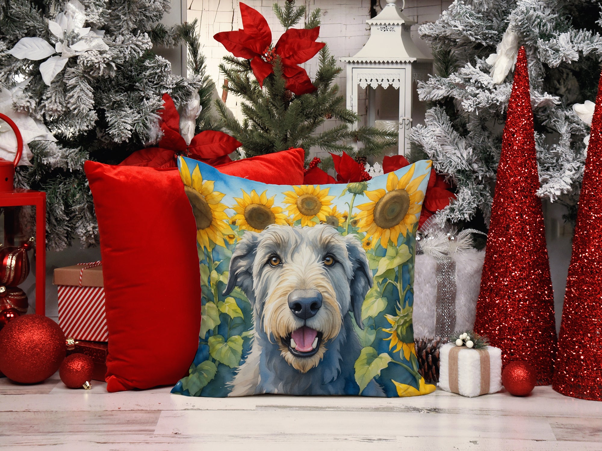 Irish Wolfhound in Sunflowers Throw Pillow