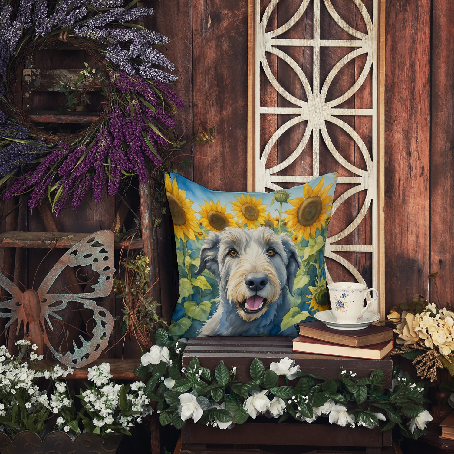 Irish Wolfhound in Sunflowers Throw Pillow