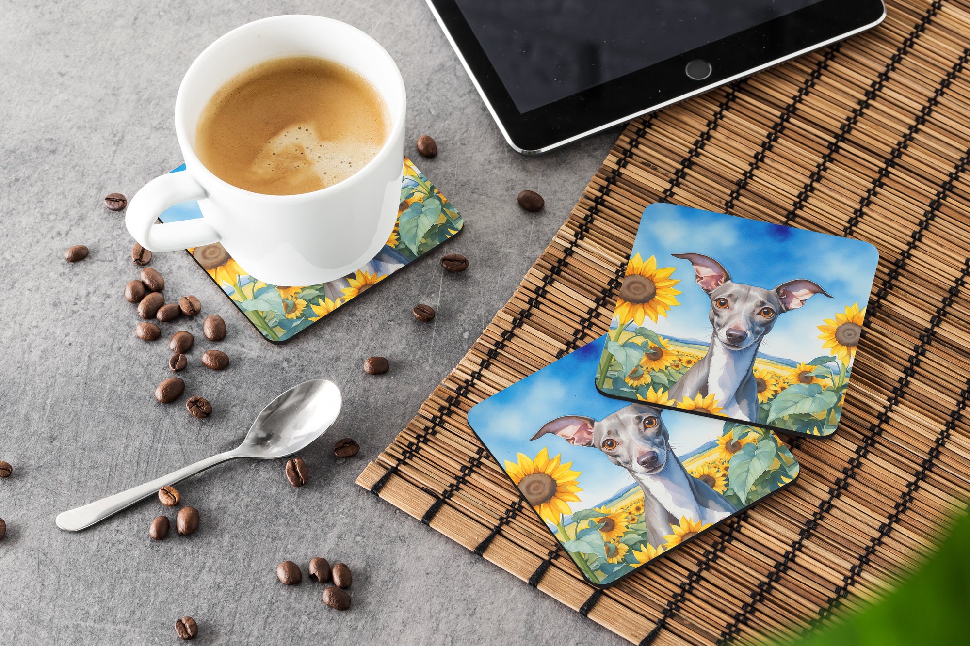 Italian Greyhound in Sunflowers Foam Coasters