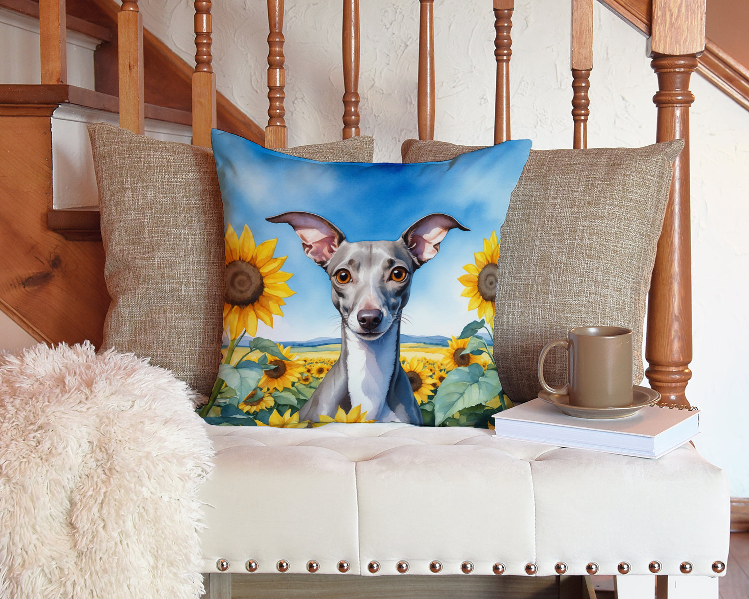 Italian Greyhound in Sunflowers Throw Pillow