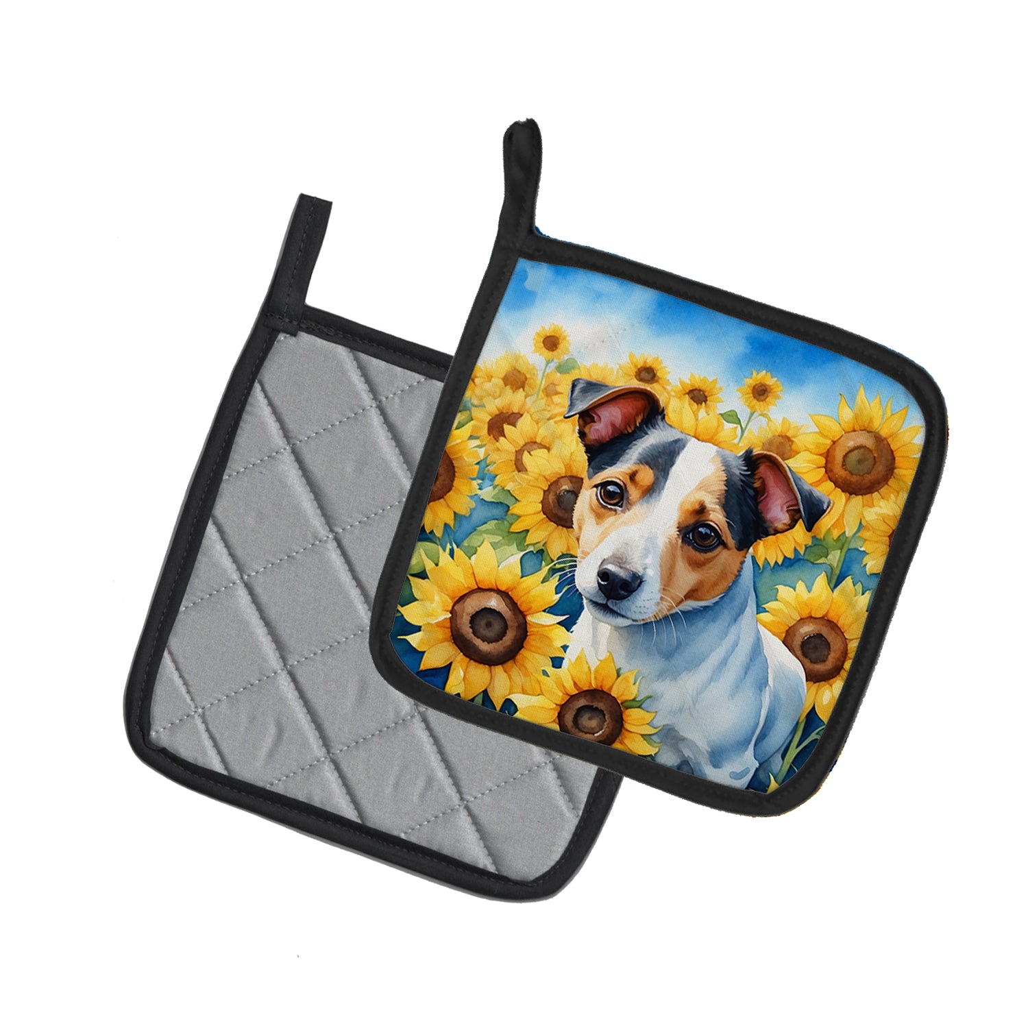 Buy this Jack Russell Terrier in Sunflowers Pair of Pot Holders