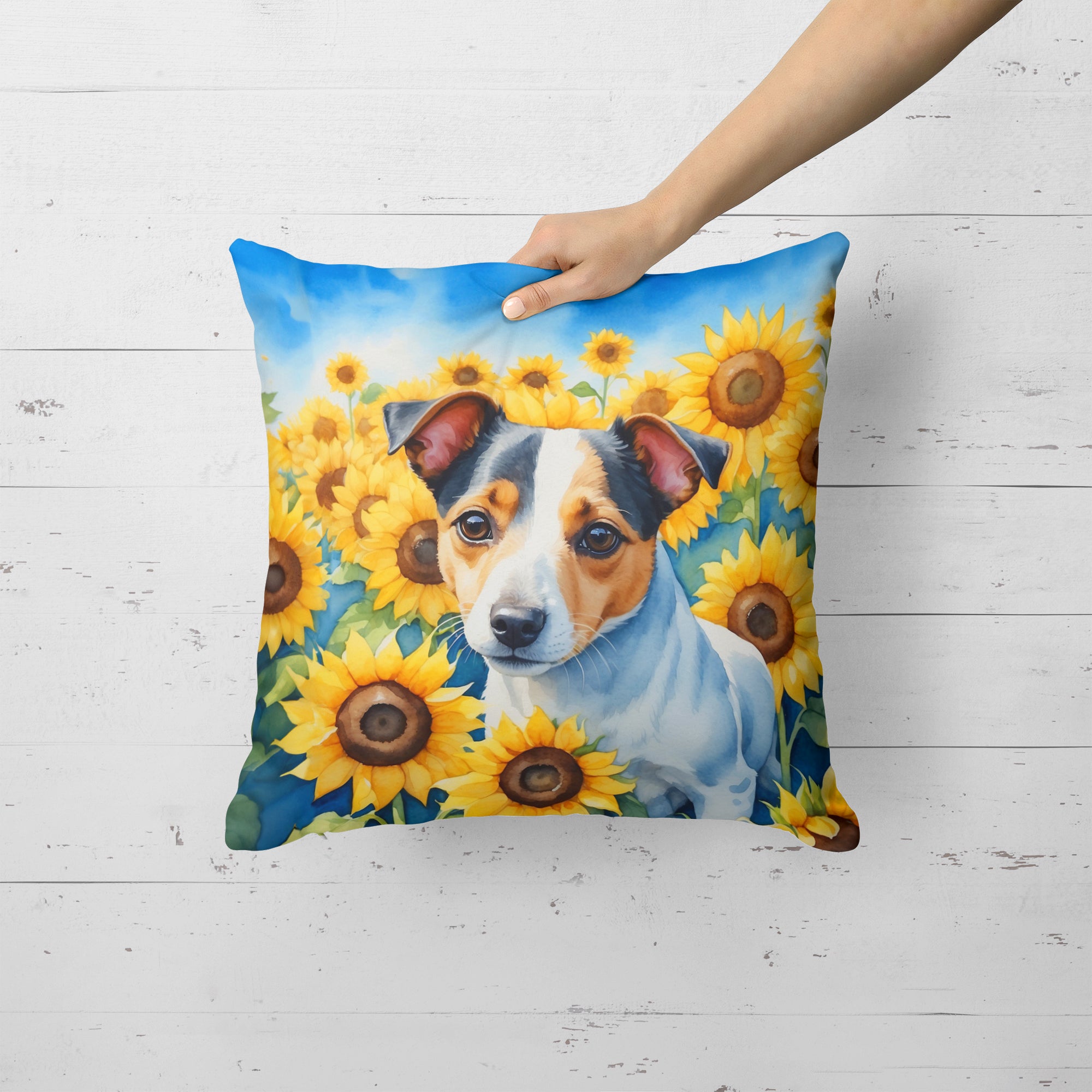 Buy this Jack Russell Terrier in Sunflowers Throw Pillow