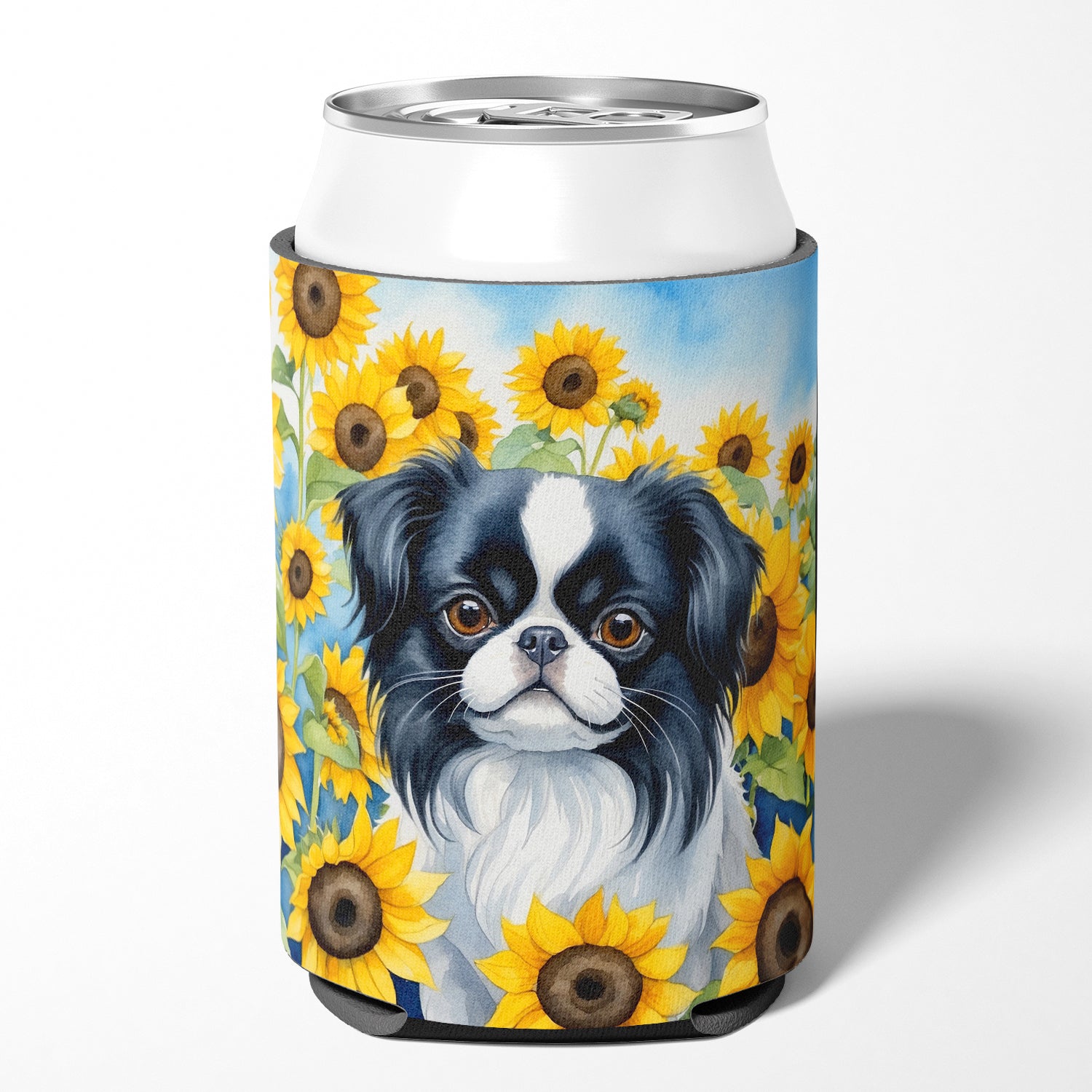 Japanese Chin in Sunflowers Can or Bottle Hugger