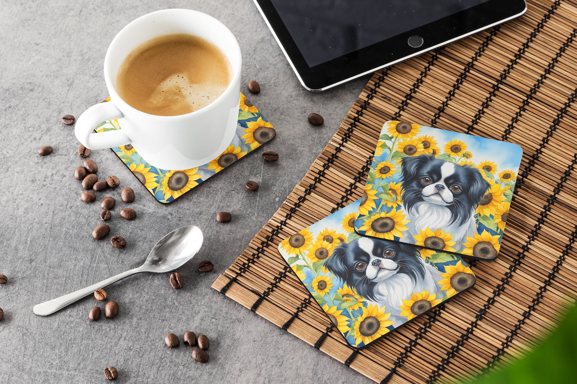 Japanese Chin in Sunflowers Foam Coasters