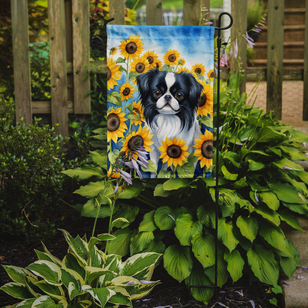 Japanese Chin in Sunflowers Garden Flag