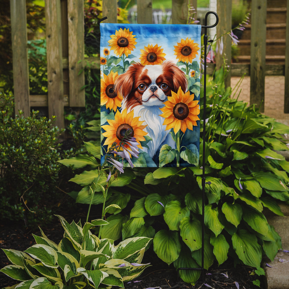 Japanese Chin in Sunflowers Garden Flag