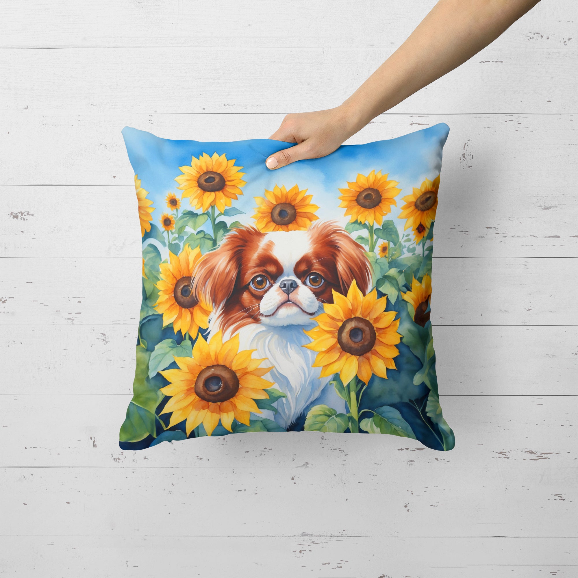 Japanese Chin in Sunflowers Throw Pillow