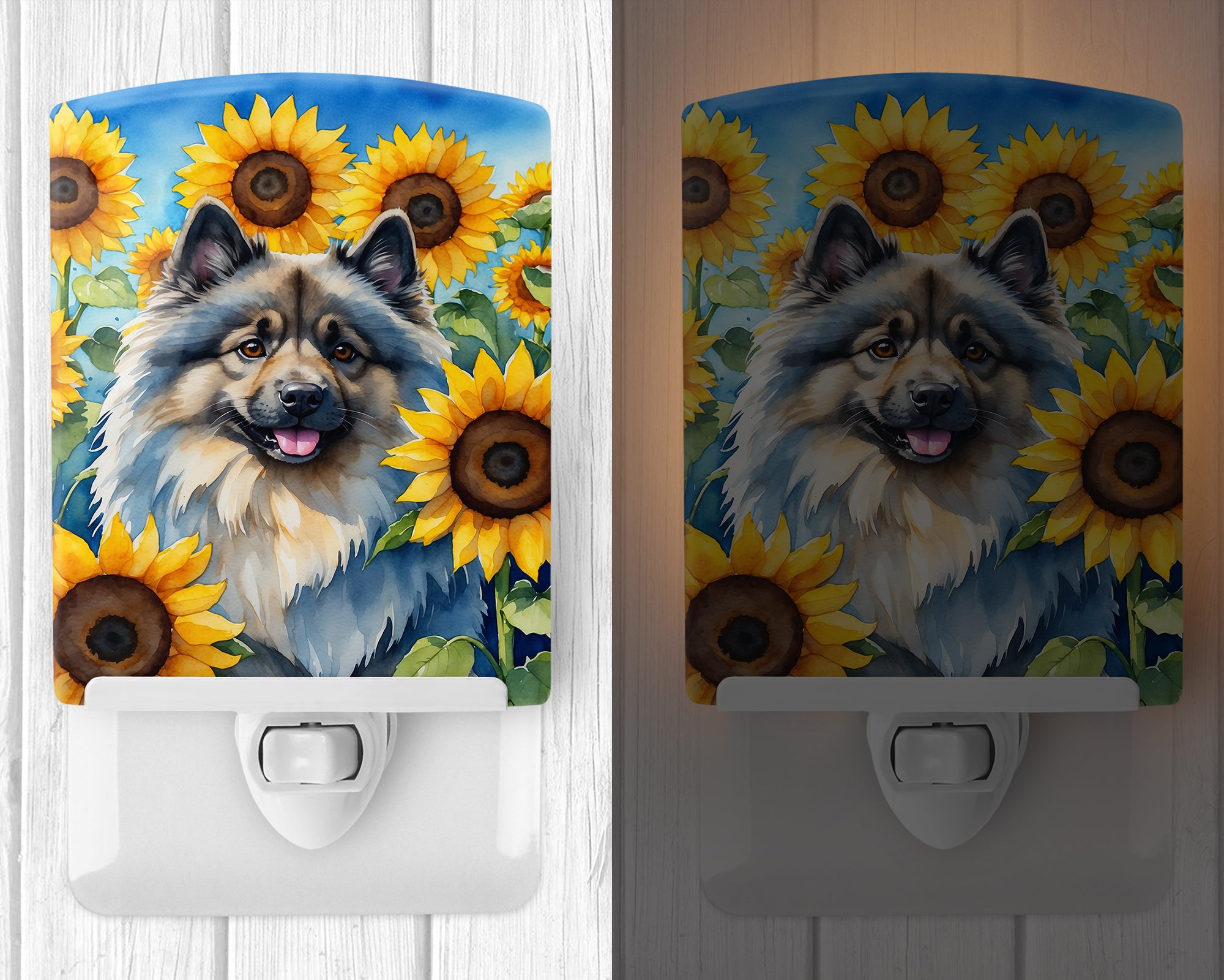 Keeshond in Sunflowers Ceramic Night Light