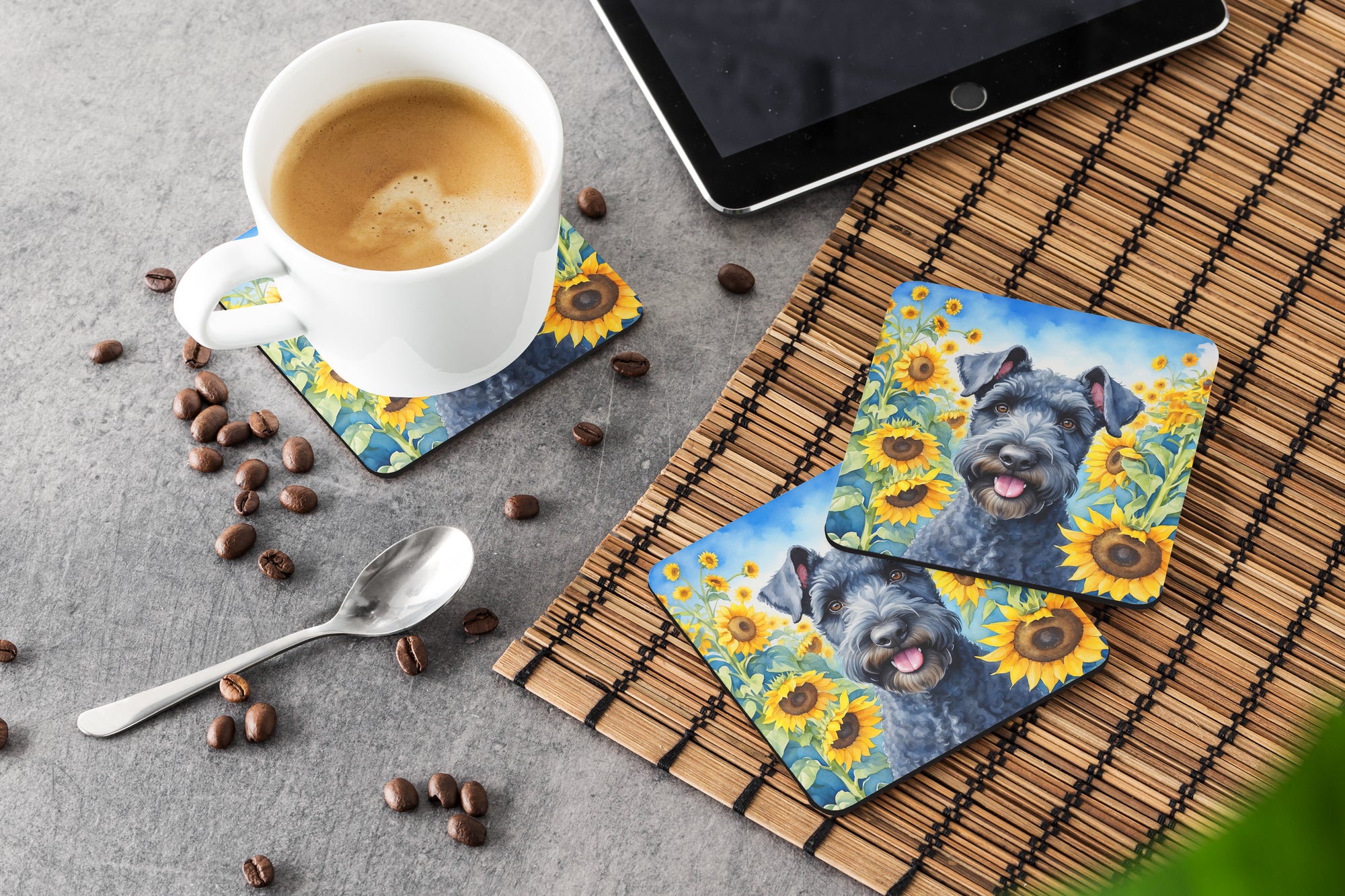 Kerry Blue Terrier in Sunflowers Foam Coasters