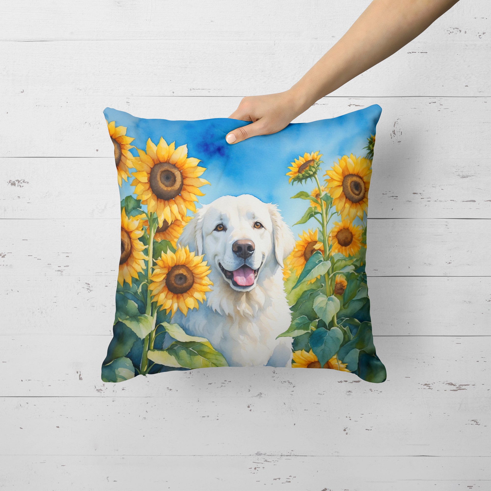 Buy this Kuvasz in Sunflowers Throw Pillow