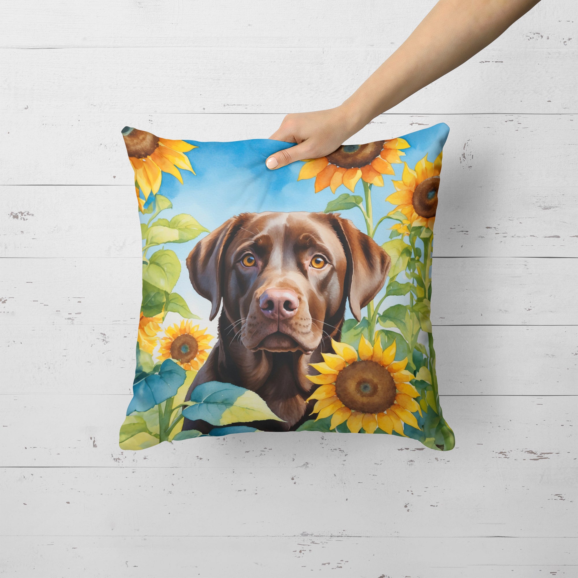 Buy this Labrador Retriever in Sunflowers Throw Pillow