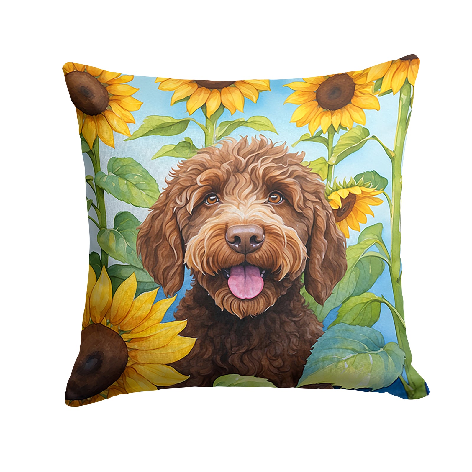 Buy this Labradoodle in Sunflowers Throw Pillow