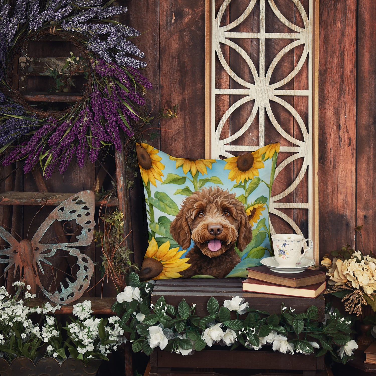 Labradoodle in Sunflowers Throw Pillow