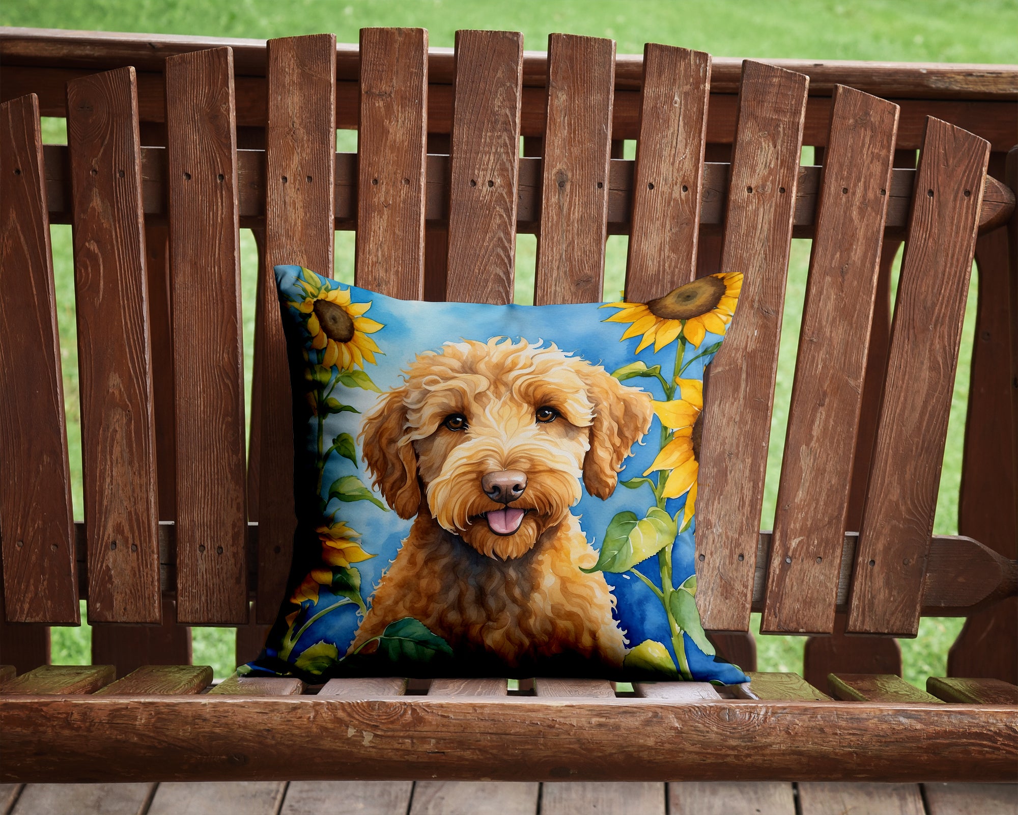 Buy this Labradoodle in Sunflowers Throw Pillow