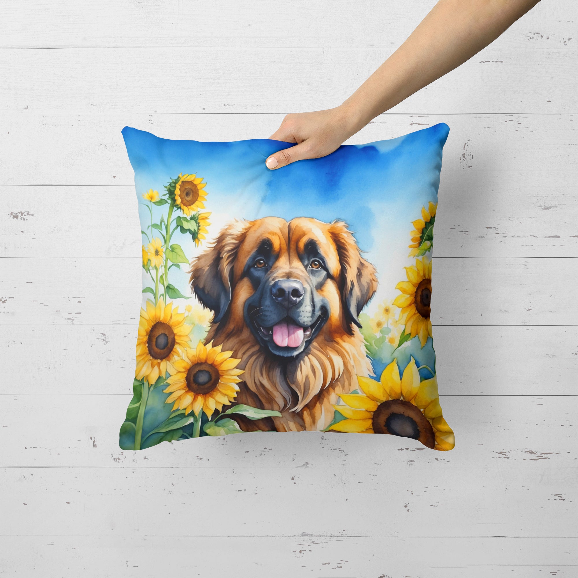 Leonberger in Sunflowers Throw Pillow