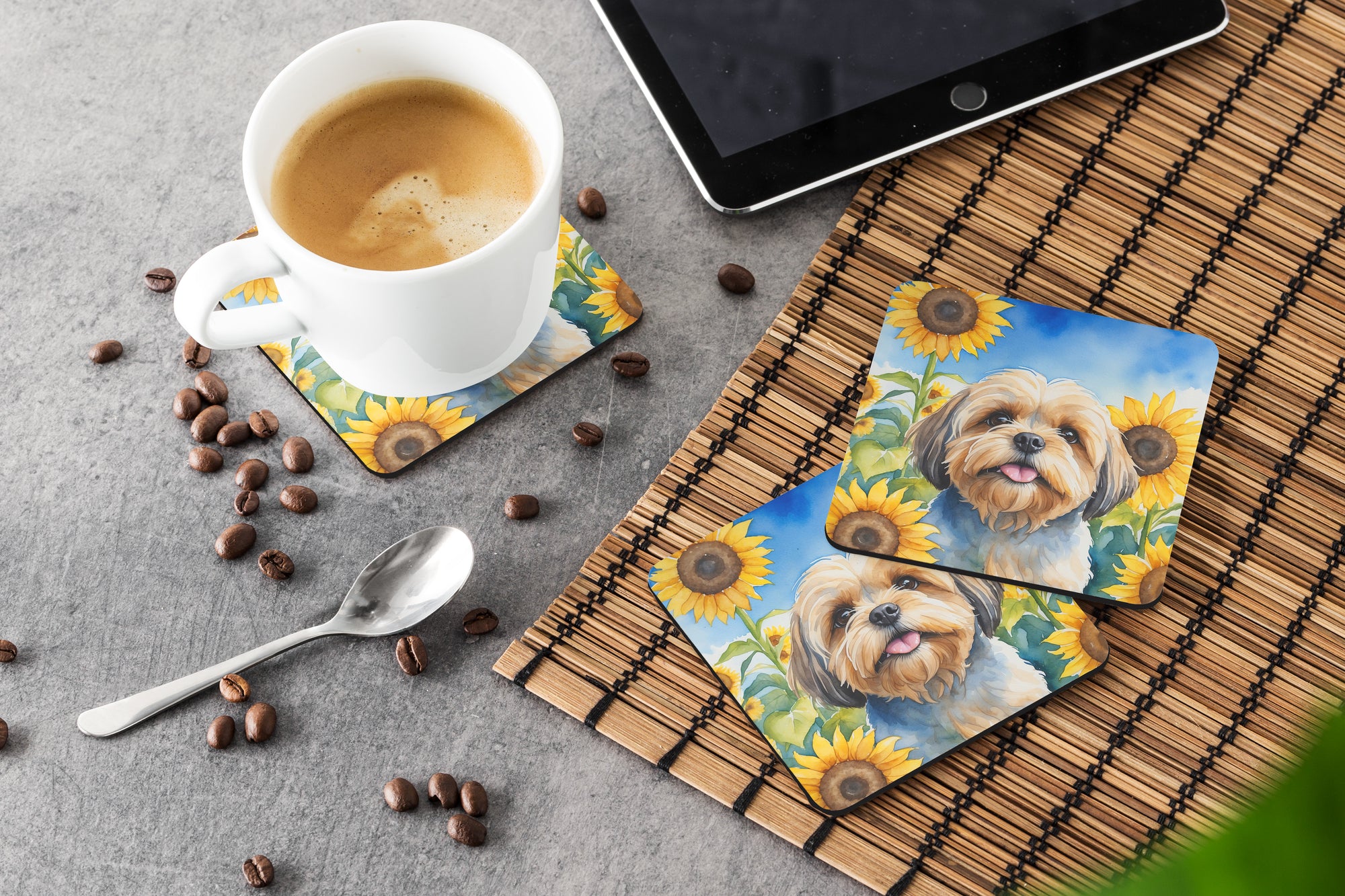 Lhasa Apso in Sunflowers Foam Coasters