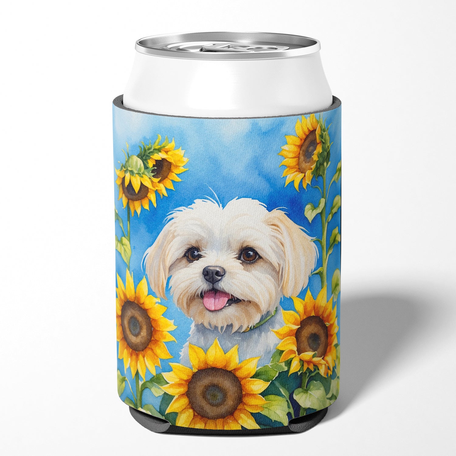 Buy this Maltese in Sunflowers Can or Bottle Hugger