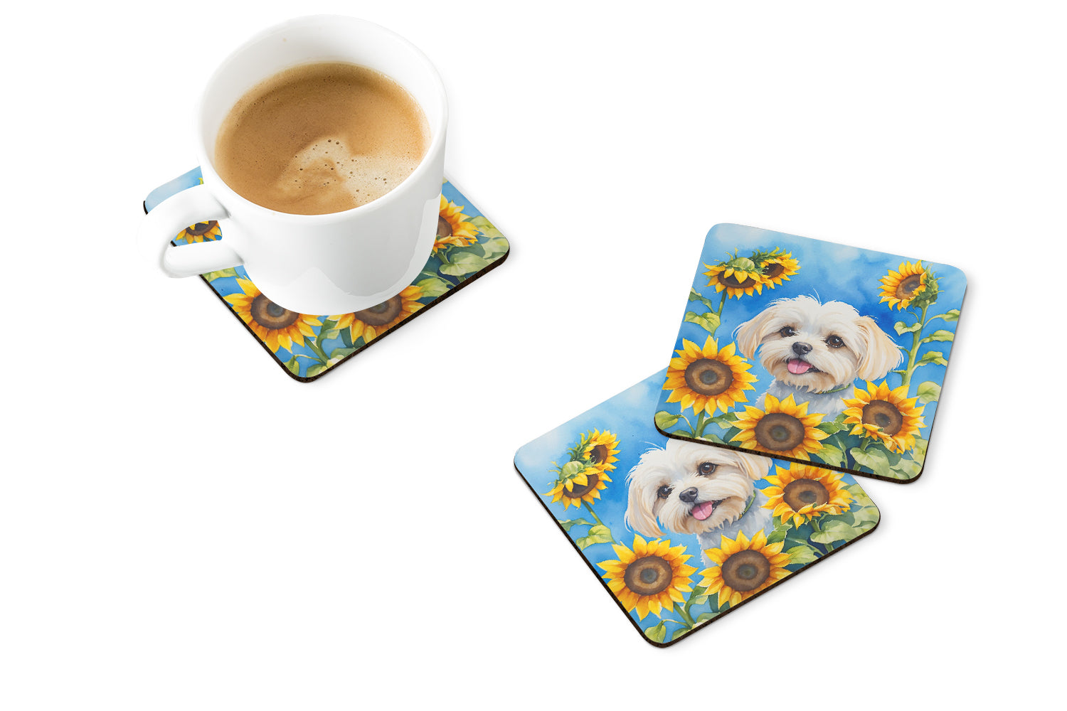 Maltese in Sunflowers Foam Coasters