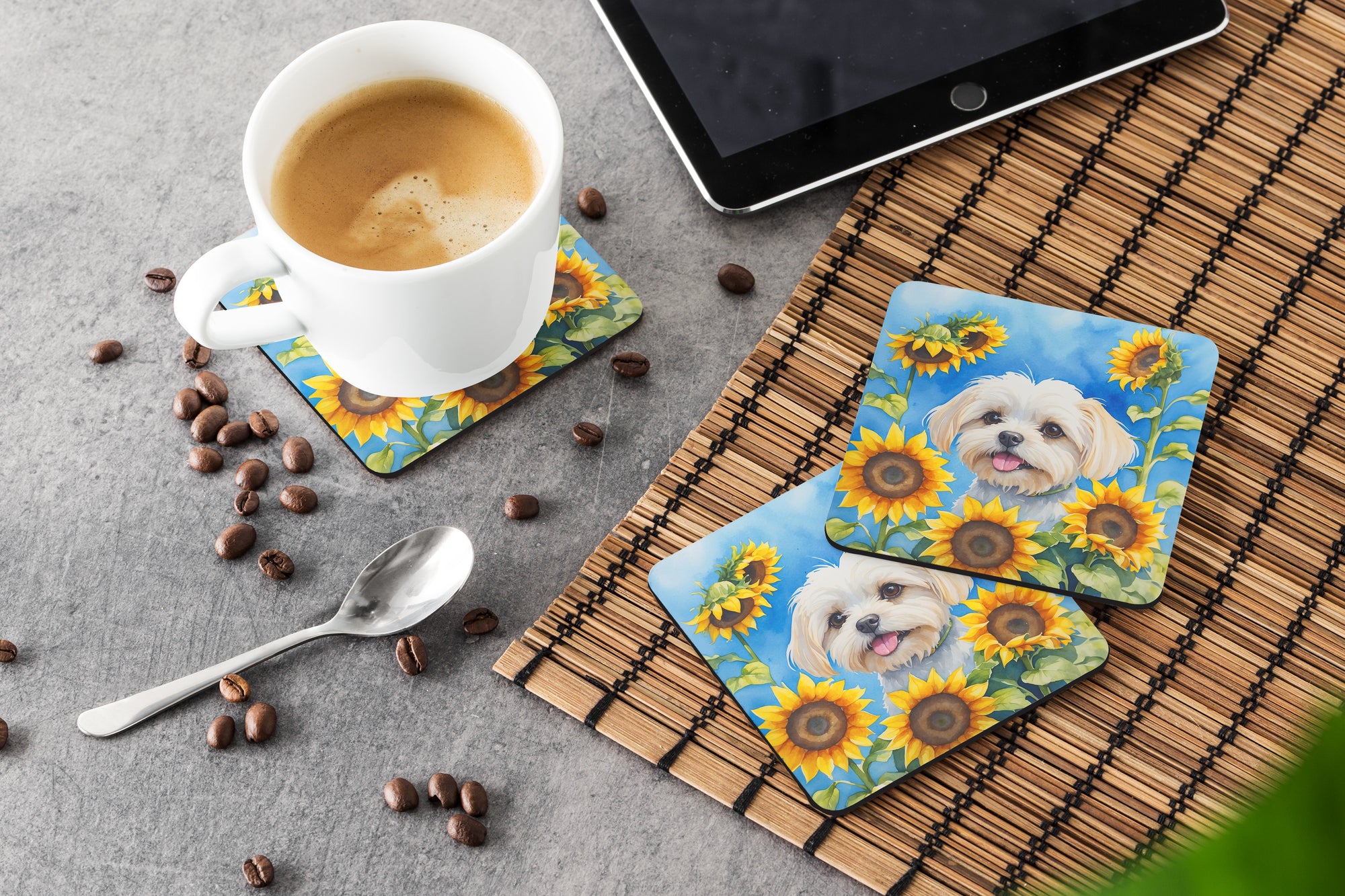 Maltese in Sunflowers Foam Coasters