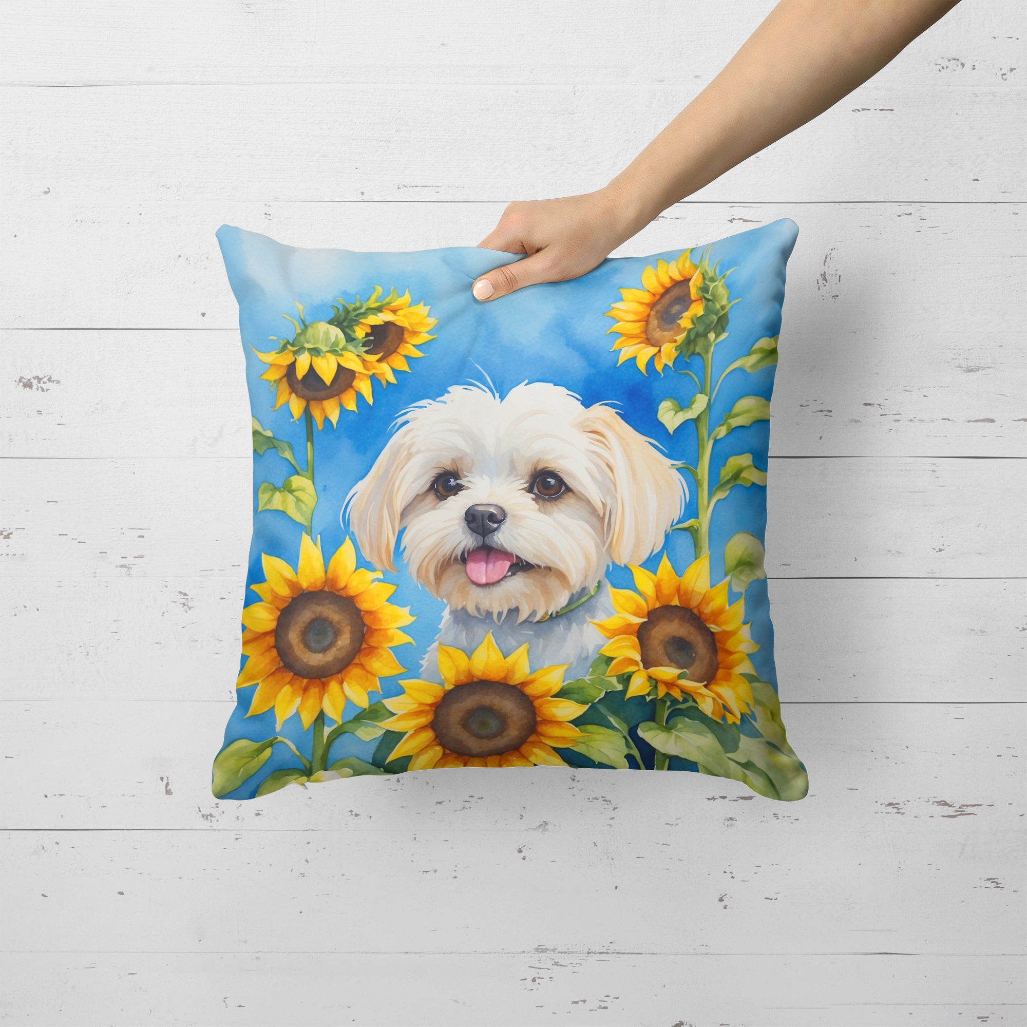 Buy this Maltese in Sunflowers Throw Pillow