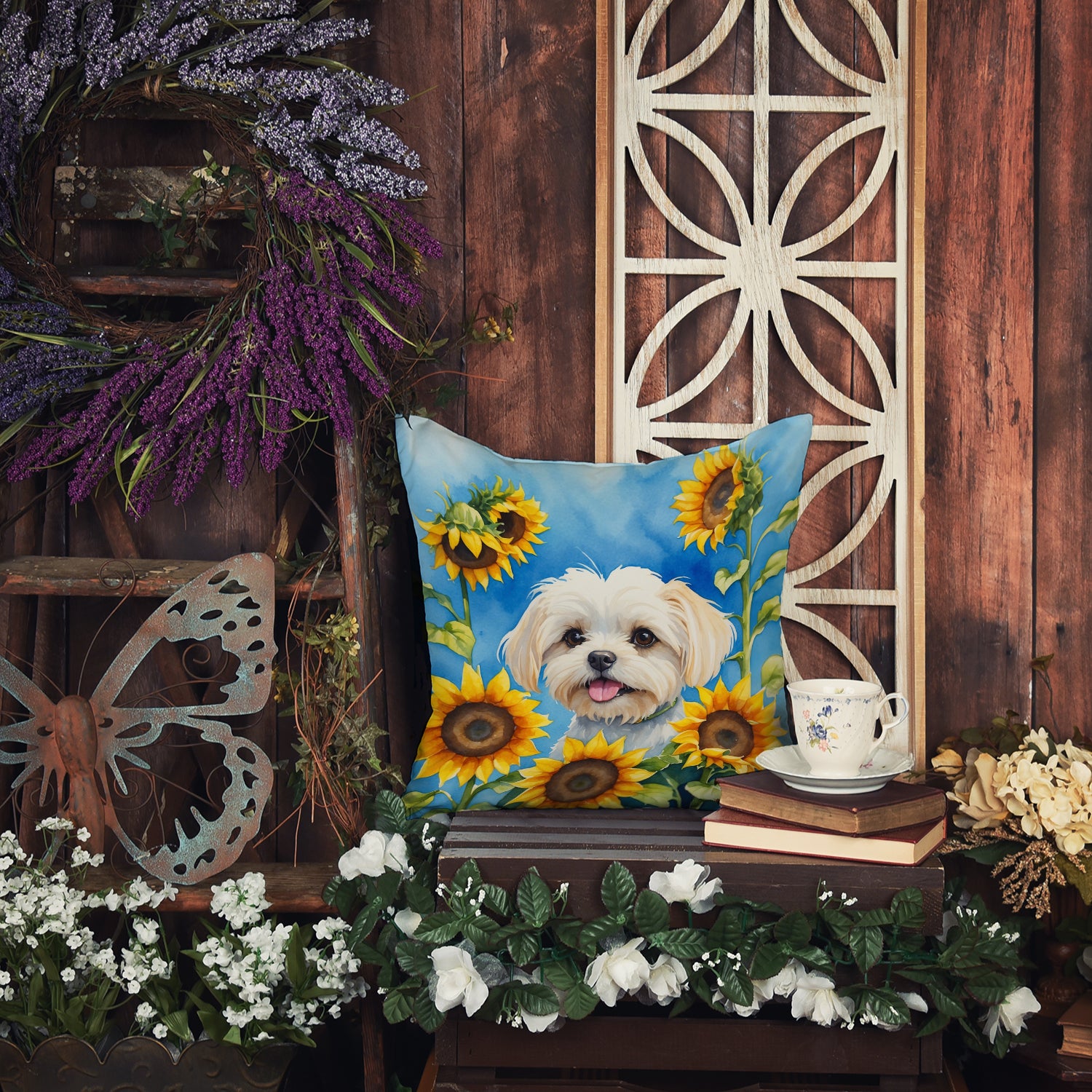 Maltese in Sunflowers Throw Pillow