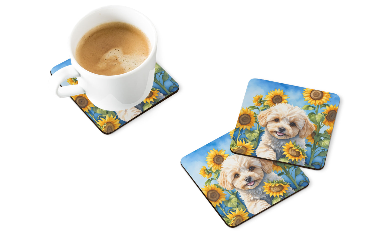 Maltipoo in Sunflowers Foam Coasters