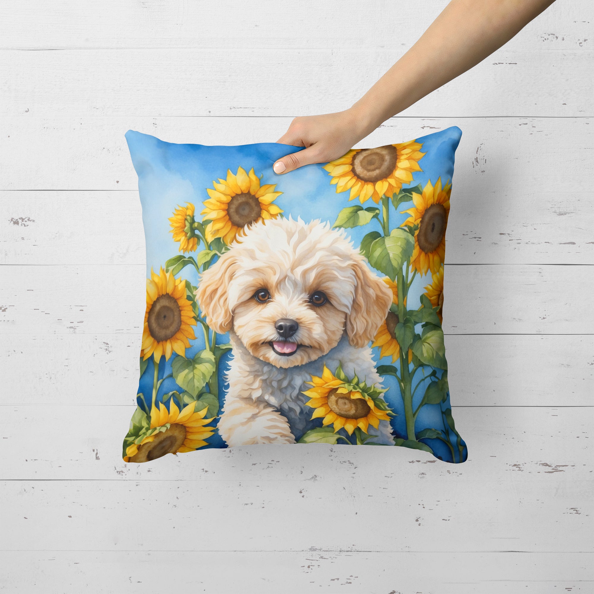 Maltipoo in Sunflowers Throw Pillow