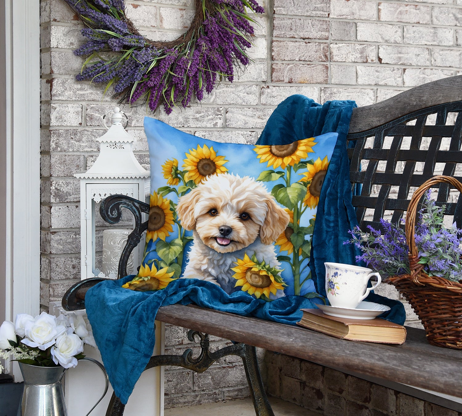 Maltipoo in Sunflowers Throw Pillow