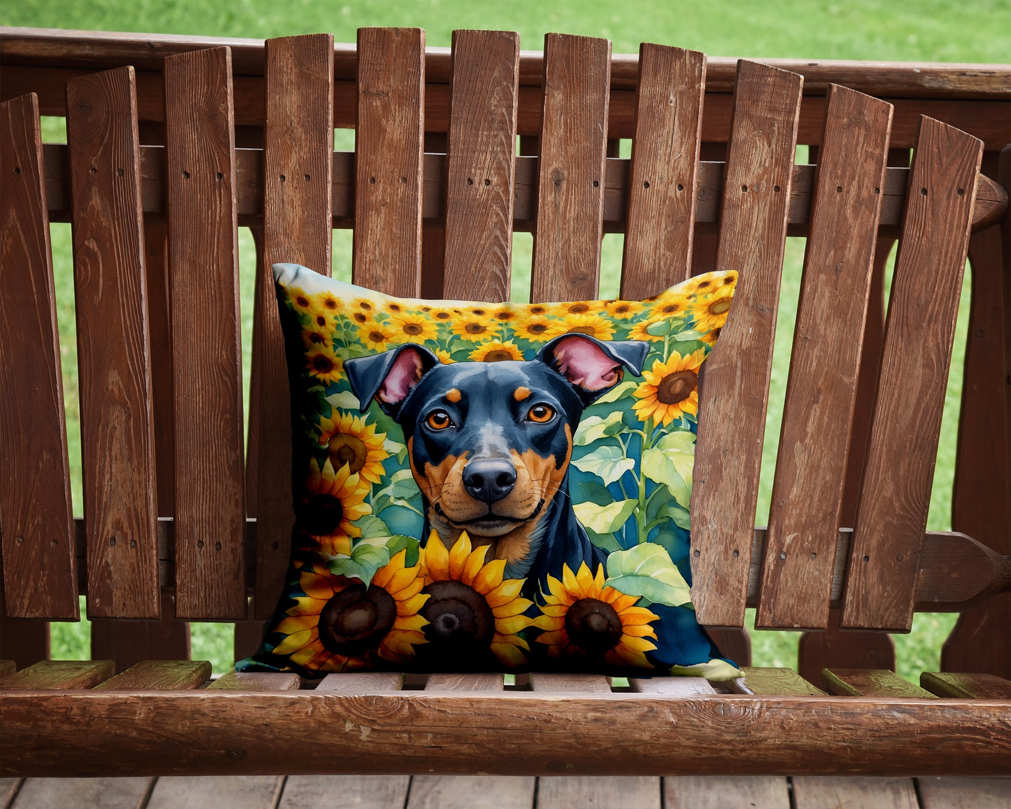 Manchester Terrier in Sunflowers Throw Pillow