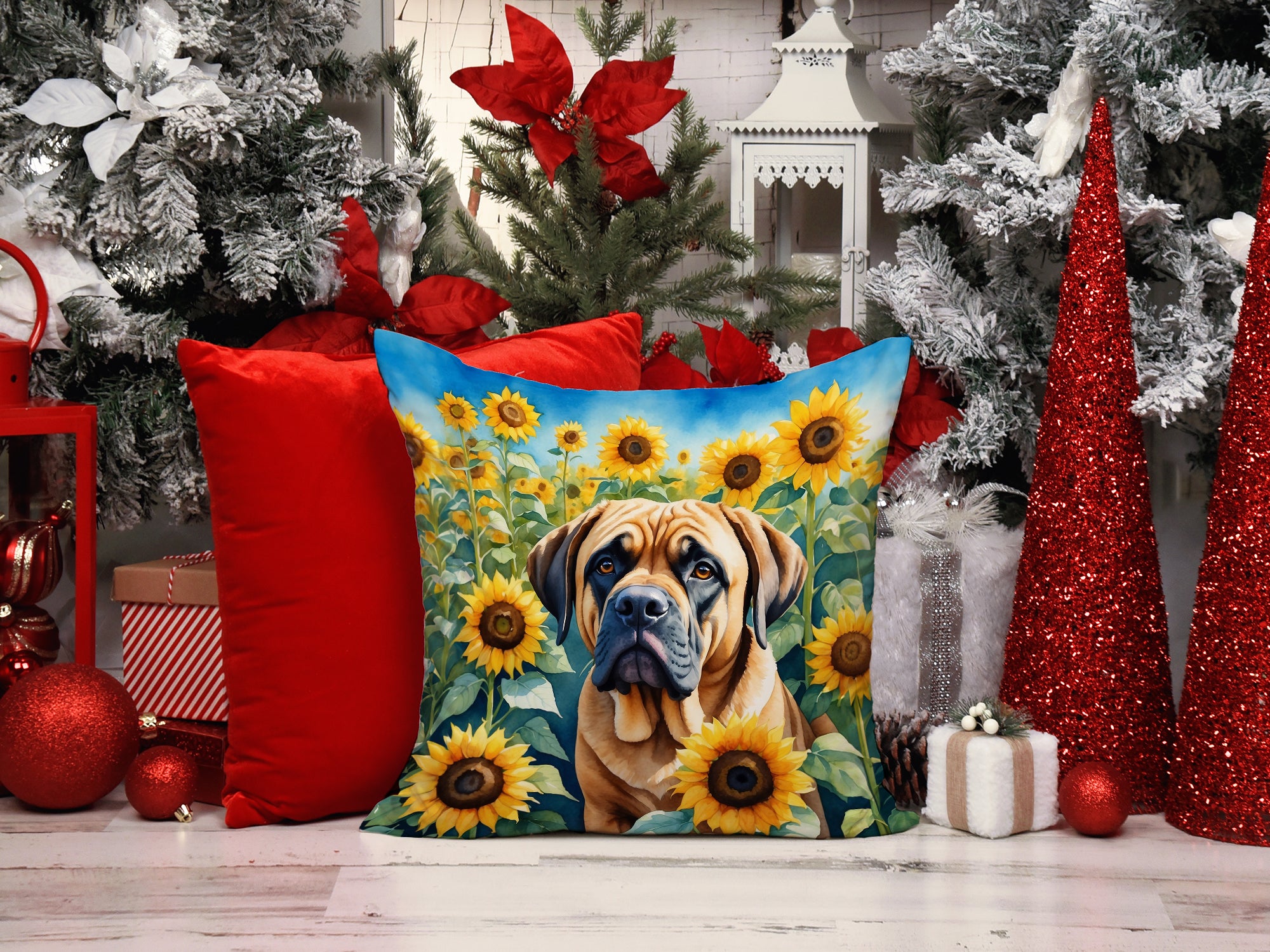 Mastiff in Sunflowers Throw Pillow