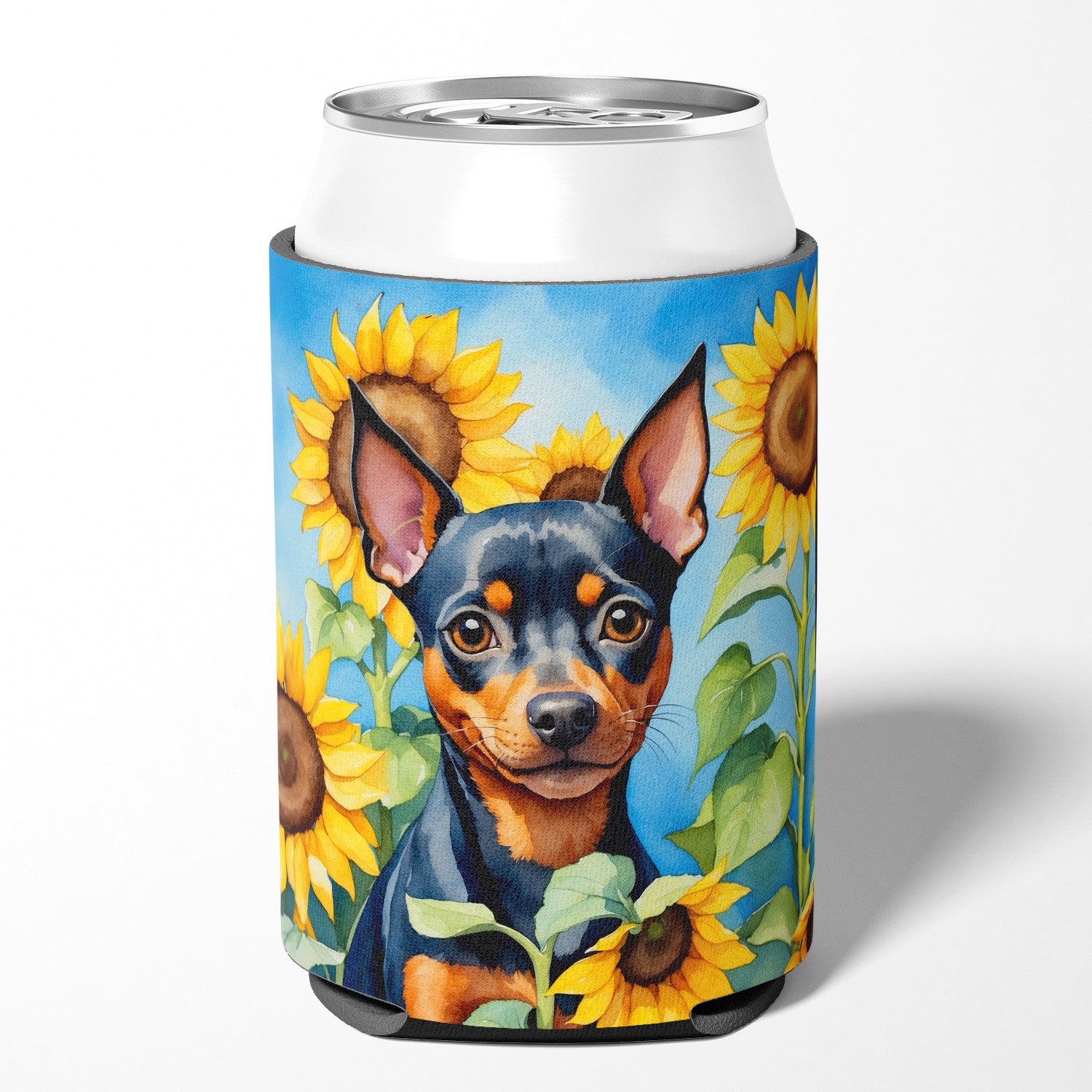 Miniature Pinscher in Sunflowers Can or Bottle Hugger