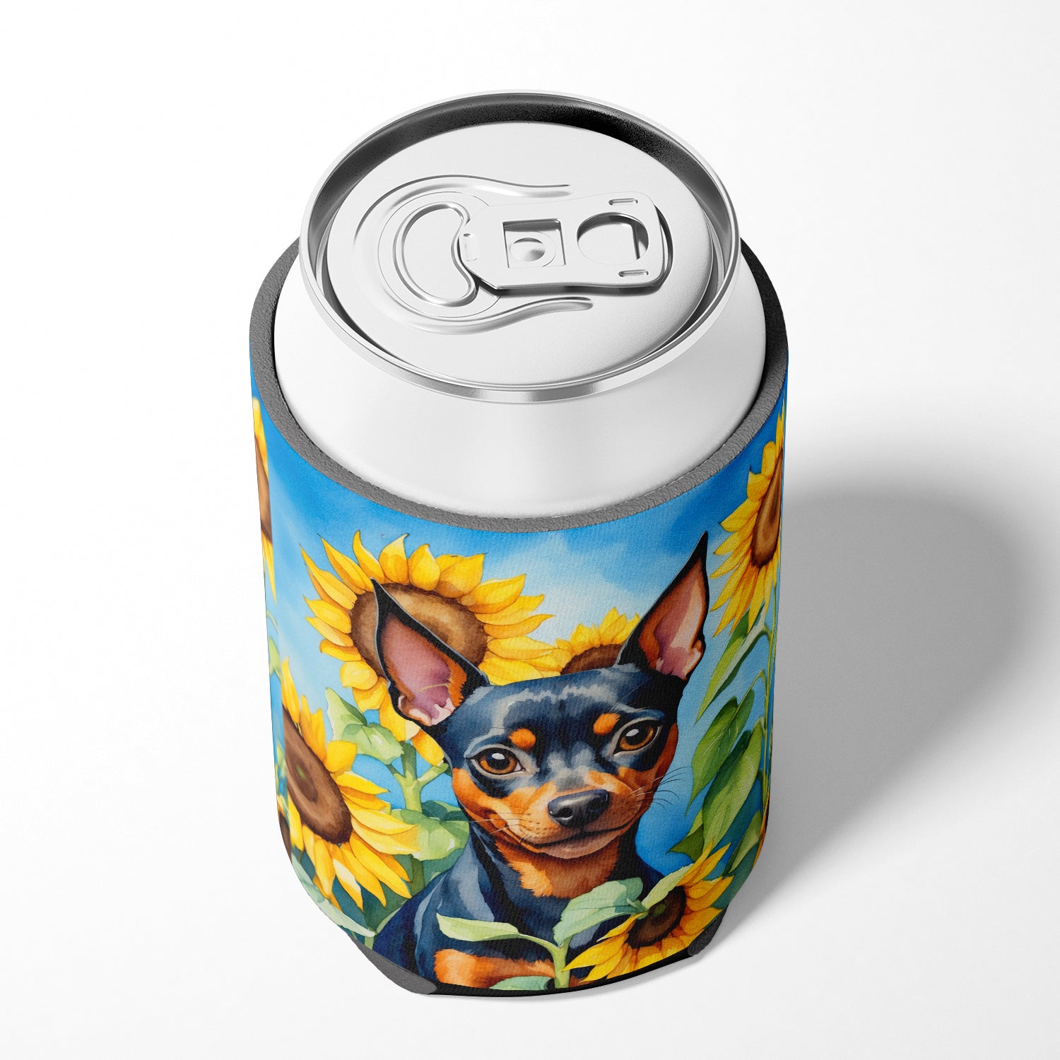 Miniature Pinscher in Sunflowers Can or Bottle Hugger