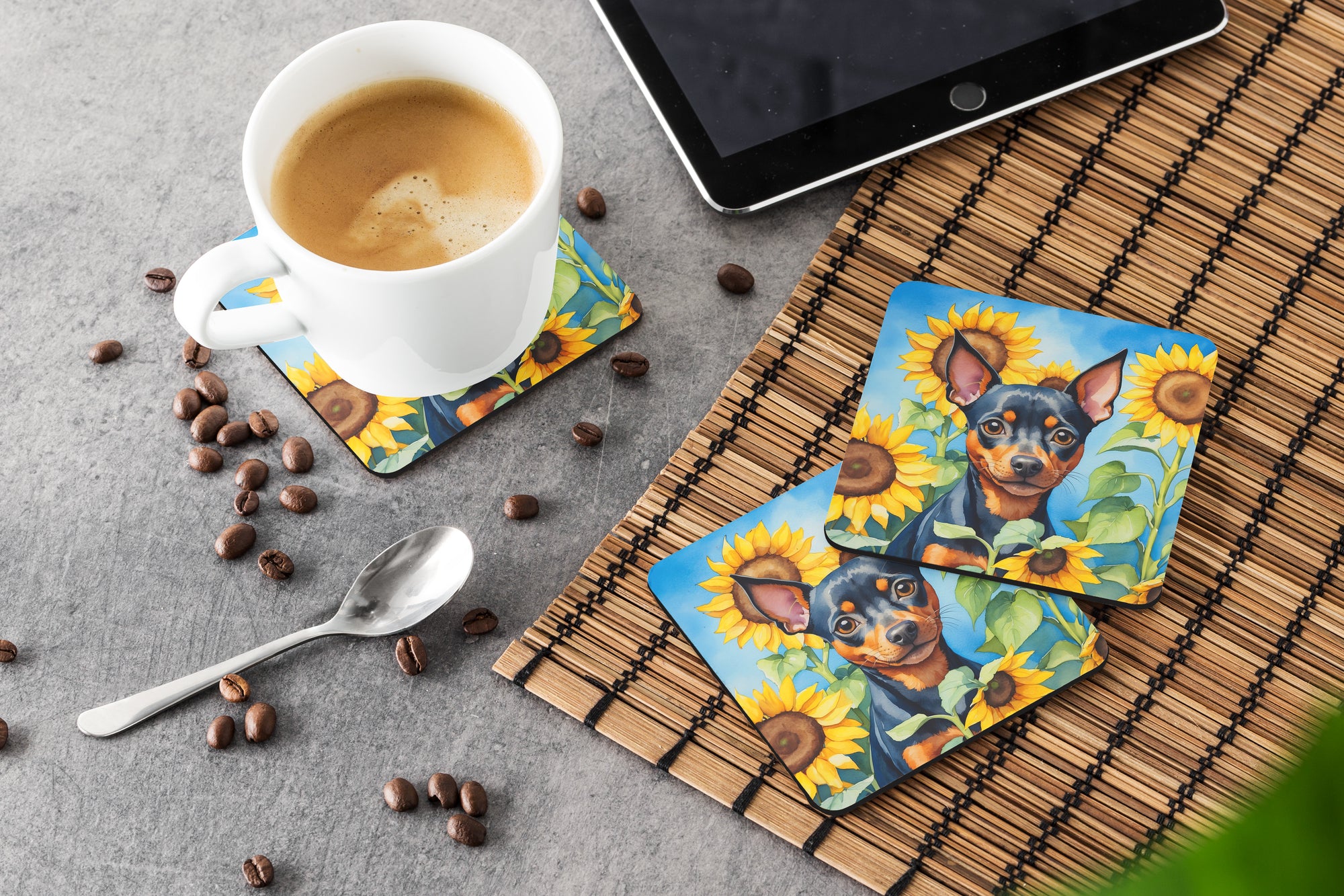 Miniature Pinscher in Sunflowers Foam Coasters