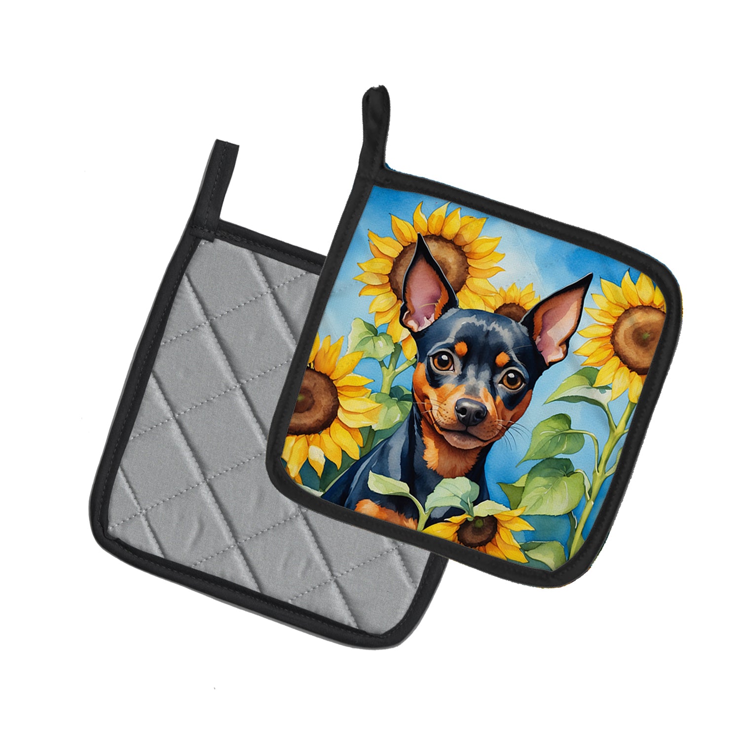 Miniature Pinscher in Sunflowers Pair of Pot Holders