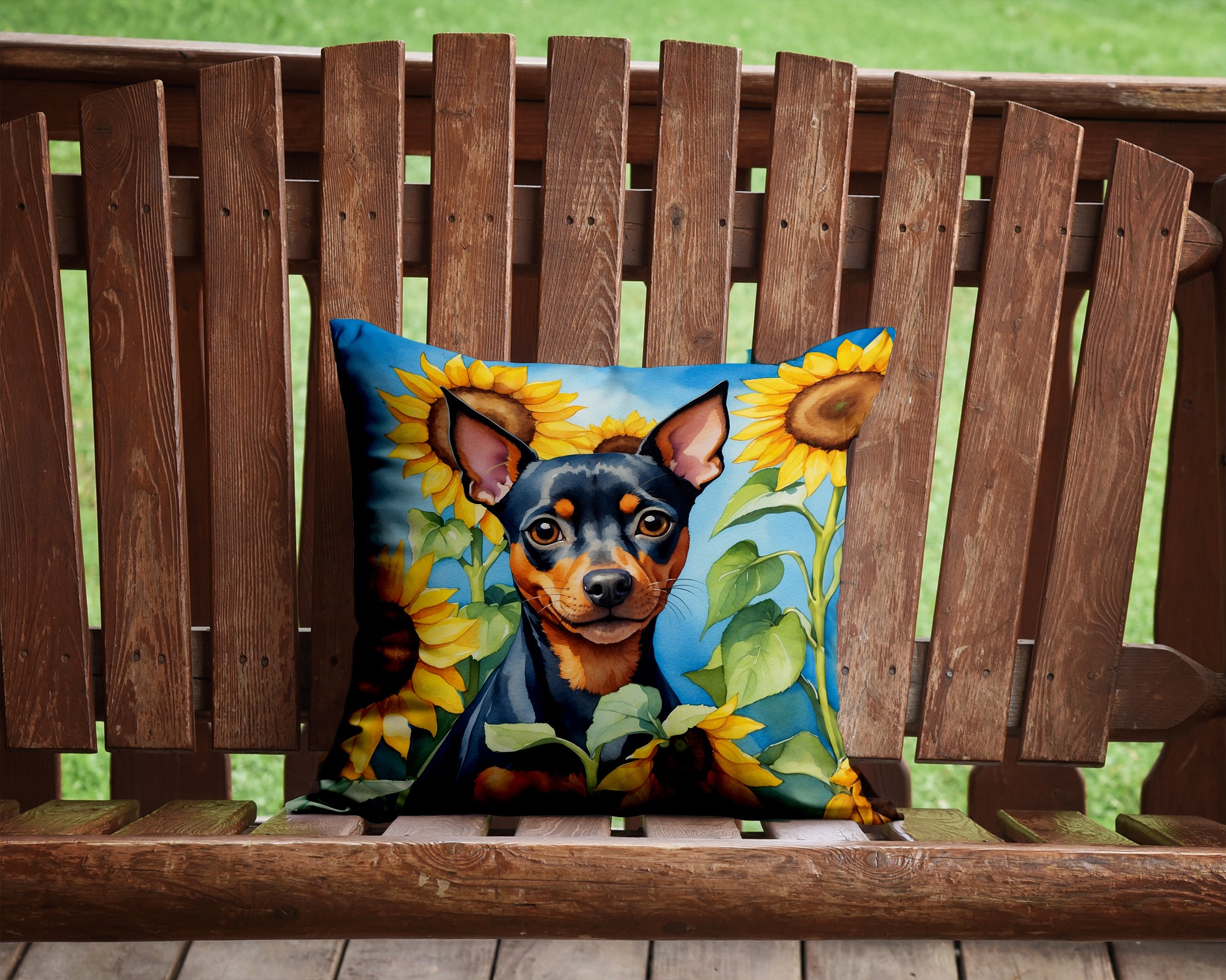 Buy this Miniature Pinscher in Sunflowers Throw Pillow